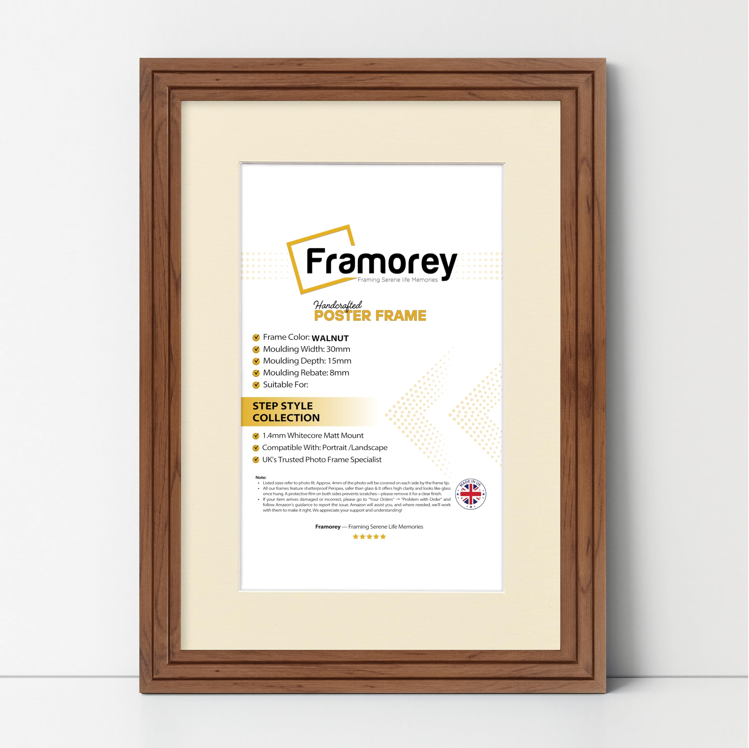 FRAMOREY Oxford Step Style Wooden Effect Picture Frame, 34x20" Size Walnut Photo Frame With 30x16" Size Ivory Mount, Casual Wall Art Poster Frames, Photo Print Frames