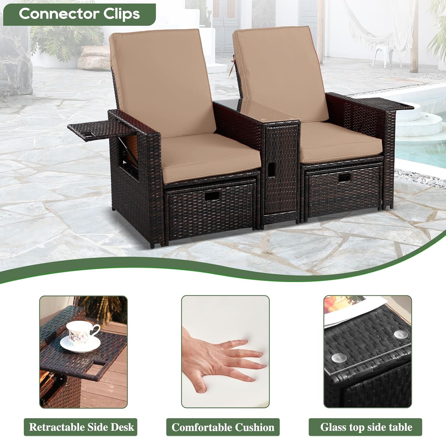 Patio Wicker Loveseat - Outdoor Rattan Sofa Set with Cushion - Adjustable Lounge Chair with Ottoman Footrest, Wicker Furniture for Garden, Patio, Balcony, Beach, Coffee Bar, Deck