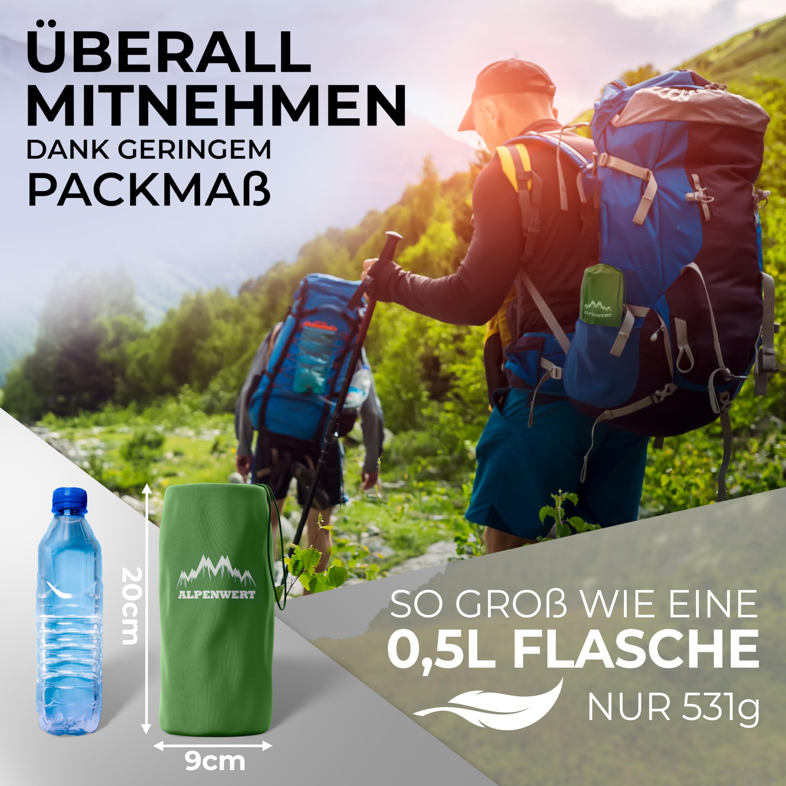 ALPENWERT® Karimata outdoorowa (mały rozmiar opakowania i ultralekka) materac dmuchany idealny na kemping, wędrówki, wędrówki z plecakiem itp., nadmuchiwana mata do spania (zielona)