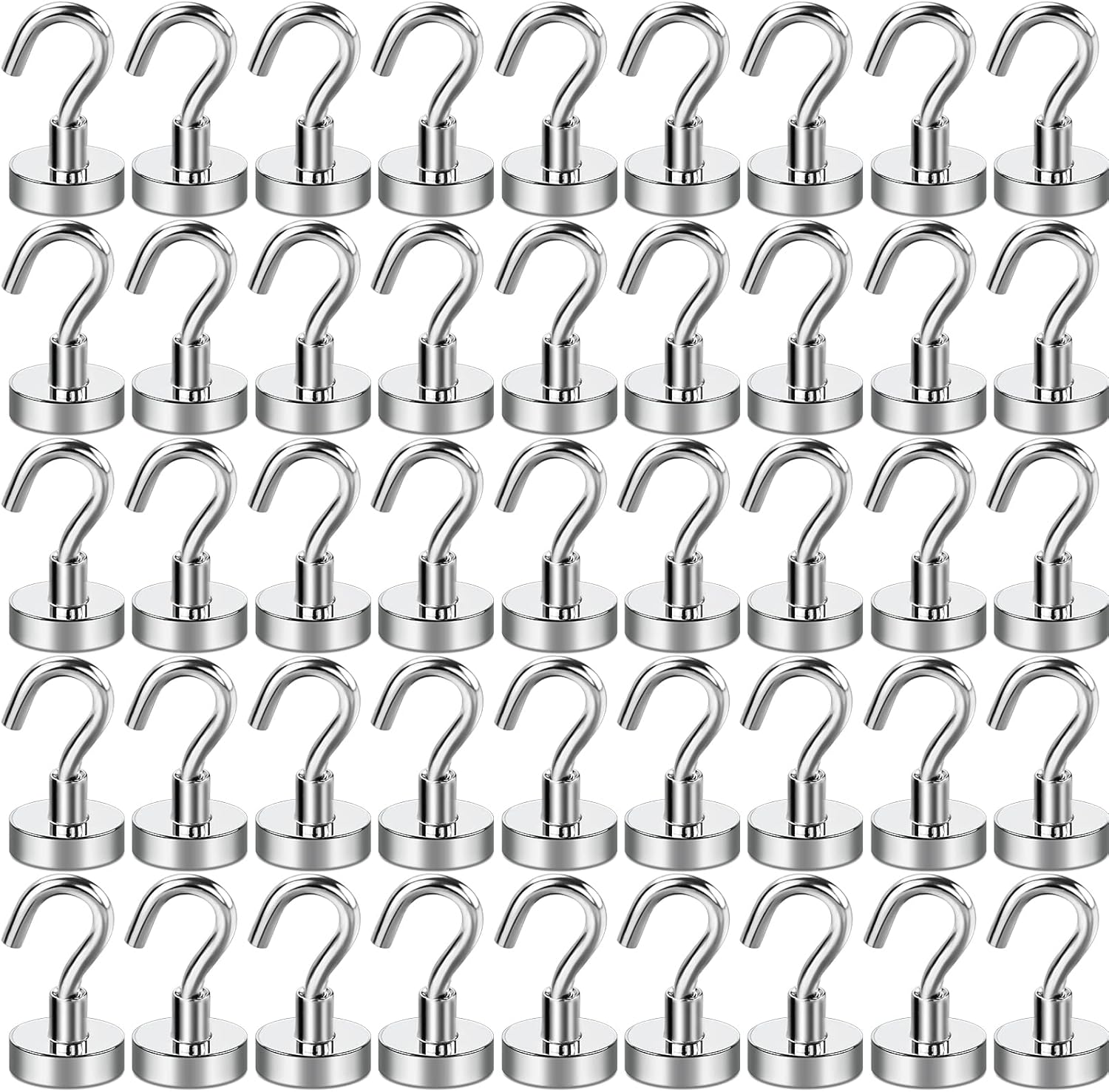 E BAVITE Neodymium Strong Magnetic Hooks, 30Lbs Heavy Duty Earth Magnets with Hook for Hanging, Kitchen, Workplace, Office and Garage - Pack of 45 (45P Silver) Thumbnail