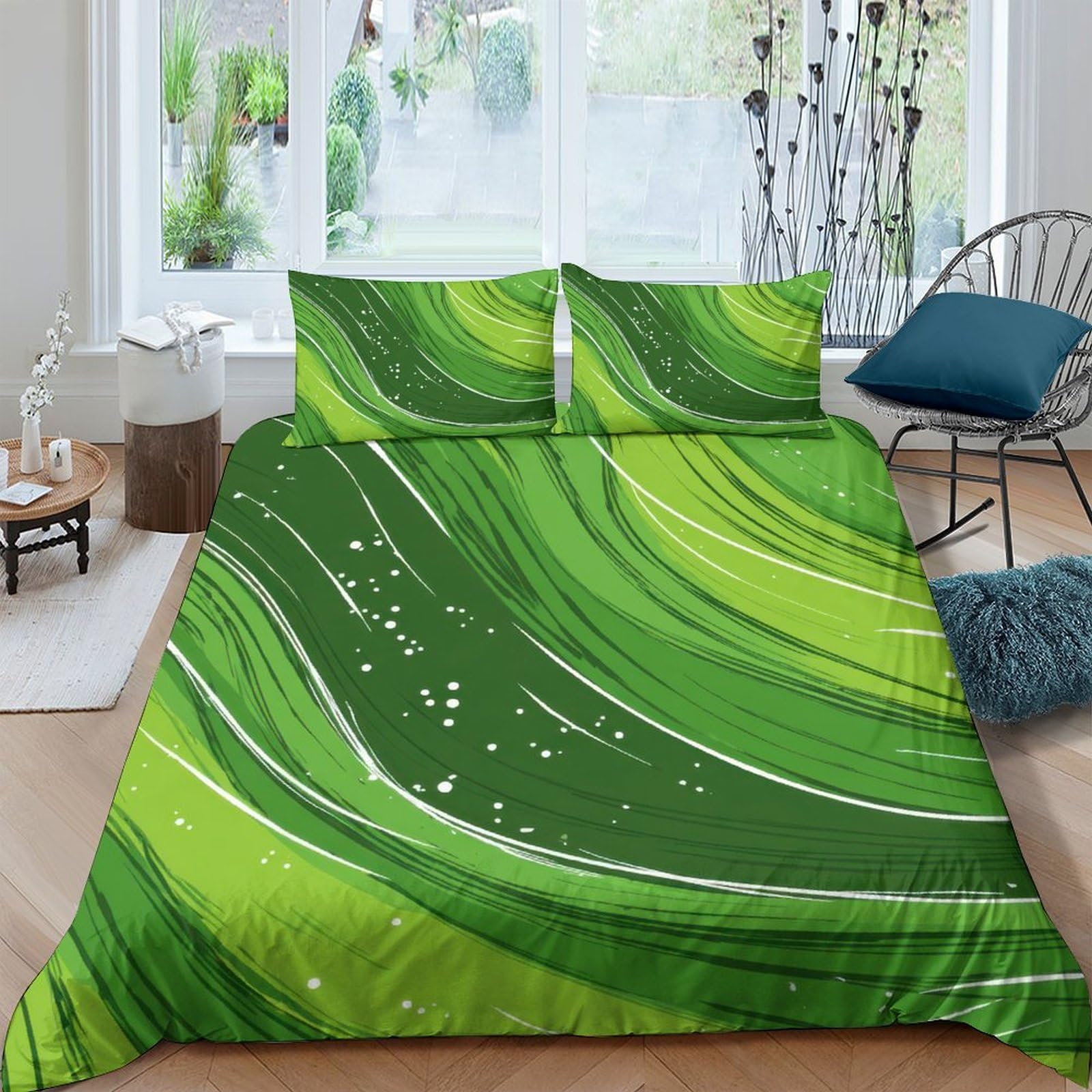 P5V6M1Q9 3D Printed Green Leaf Duvet Cover Microfiber Soft Botanical Bedding Set with 2 Pillowcases for Bedroom Decor Single（135x200cm）