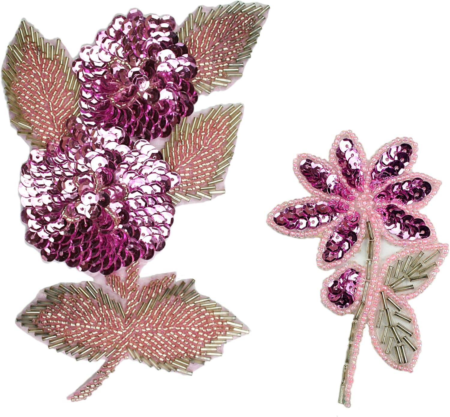 Pink Floral Sequins Beaded Sew on Applique Flower Patch Craft Supplies By Piece (Large)