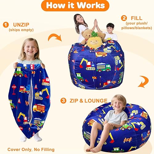 Miniatura 3 de Lukeight - Puf de almacenamiento de animales de peluche para niños, funda para puf de dinosaurio con cremallera para organizar la habitación de