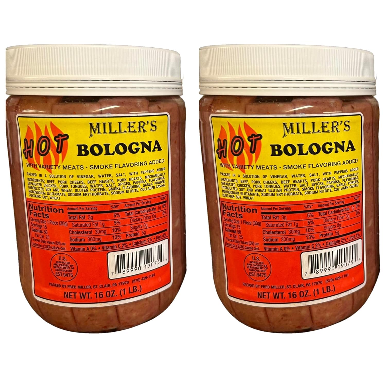 Putt Pantry Spicey Combo, 2 Pack of Millers Hot Bologna, Zesty Pickled Bologna in a Hot Pepper Vinegar Brine – Amish-Style Snack, Ready to Eat, 16 oz Each, 32 oz Total