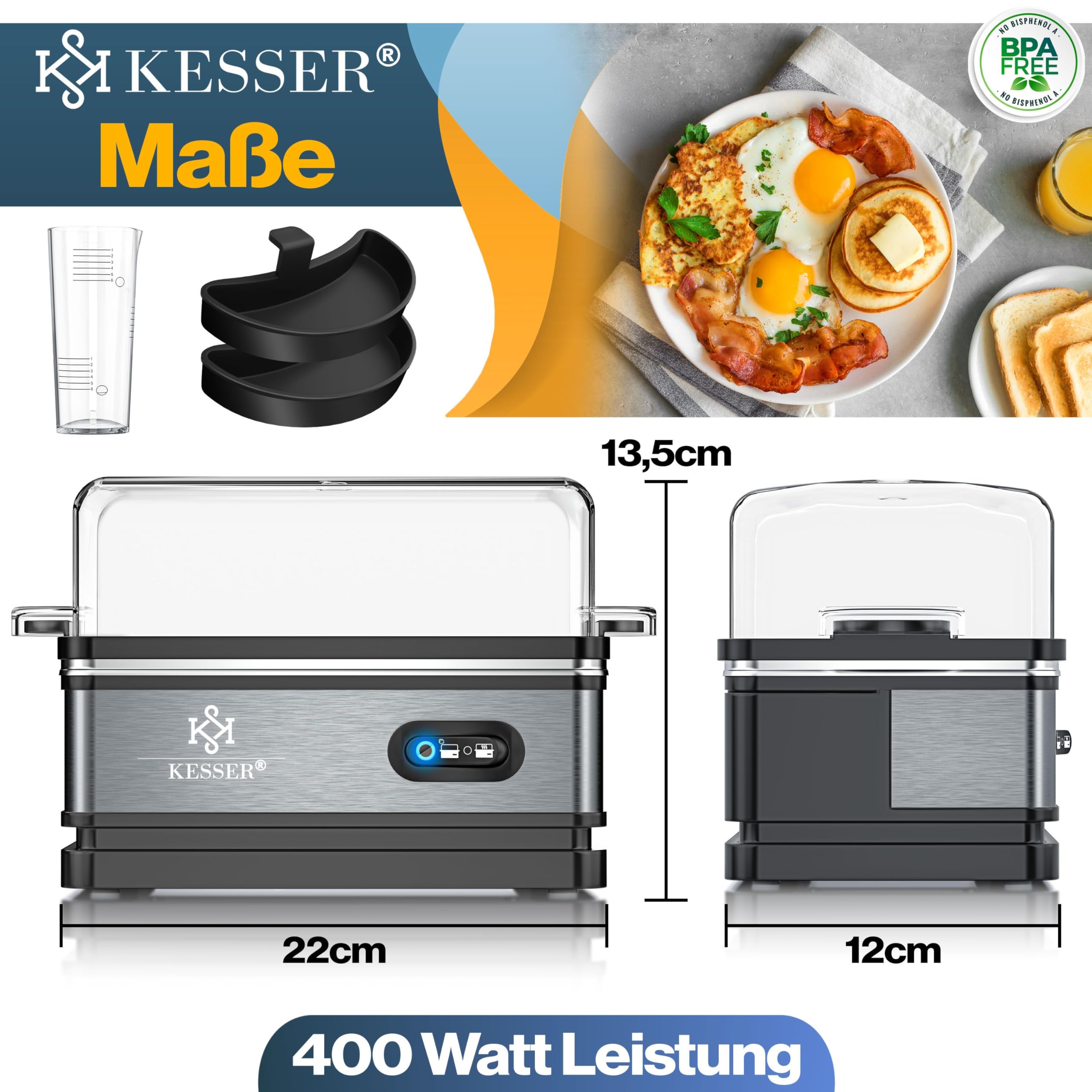 KESSER® Eierkocher für 1 bis 6 Eier elektrisch aus Edelstahl 400W & Warmhaltefunktion | Kipp-Funktionsschalter drei Härtegrade | BPA-Frei & Spülmaschinenfest | Messbecher & 2x Omlettschalen, Anthrazit