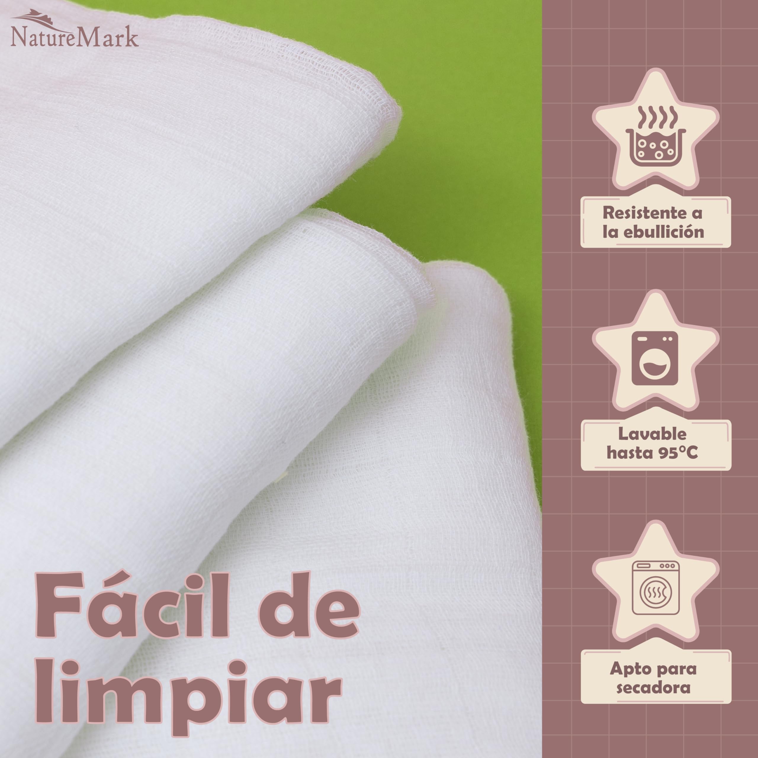 NatureMark Pack de 10 Paños de Muselina para Bebé – 100% Algodón – Suaves y Absorbentes para Lactancia & Cuidado del Bebé, Pañales, Arrullos & Paños de Lavado, 70x70 cm, Blanco