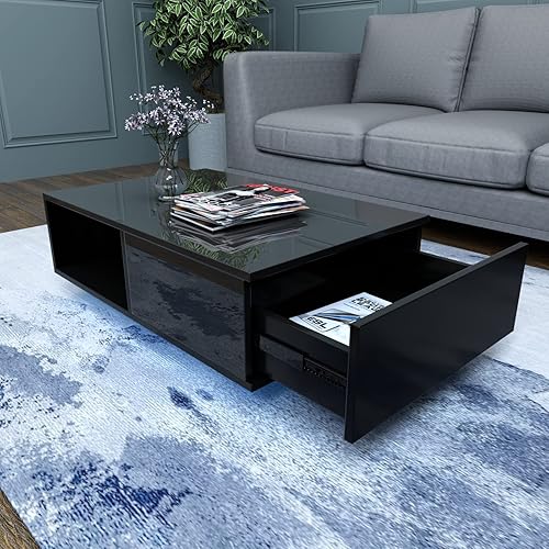 Miniatura 6 de COSVALVE Mesa de centro LED de alto brillo con cajón y luces LED de 16 colores, moderna mesa de centro para sala de estar con espacio de