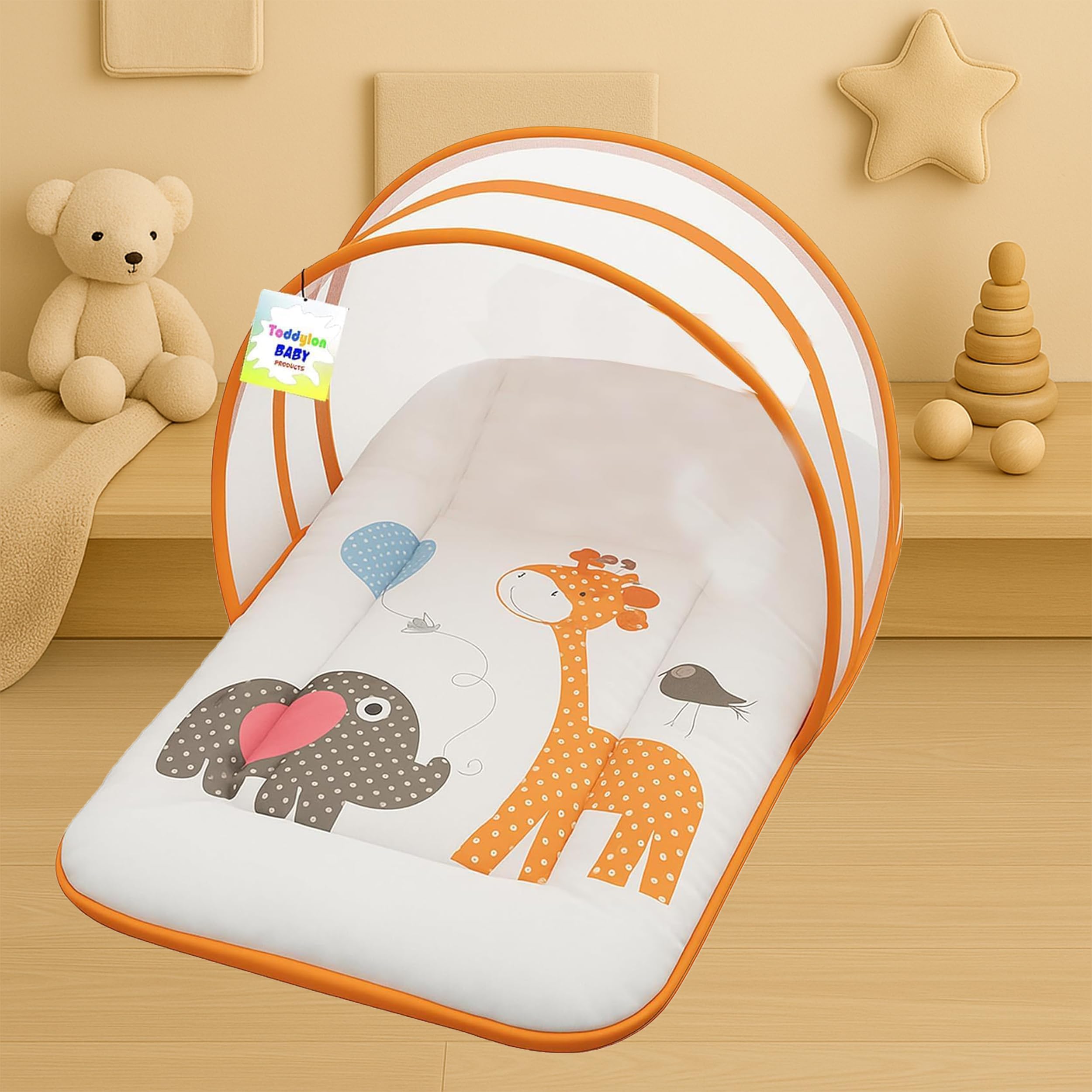 Toddylon Baby Bedding Set New Born Baby | Mattress | Mosquito Net | Insect Protector | Infants Carry Bed | Gadda Set (0-6 Months) Orange