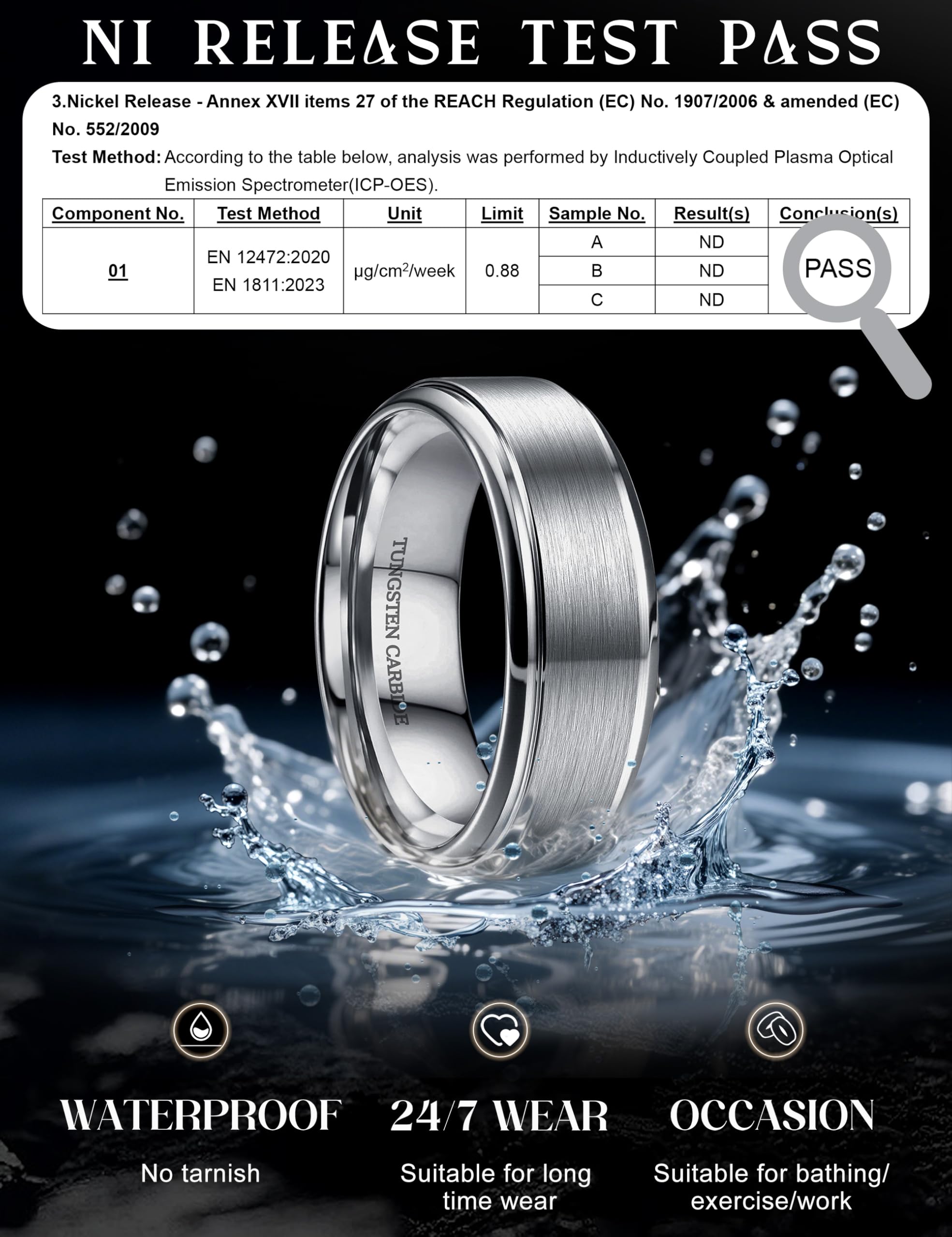CASSIECA Bague Homme Femme Tungstène 8mm, Alliance Homme Bagues Anneau de Mariage/Fiançailles/d'Amitié/Bague Qualité Oro Argent Noir Bijoux de Mode, Taille 52(16.6)-72(22.9)