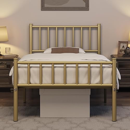 Miniatura 3 de Yaheetech Base de cama tamaño individual con plataforma de metal, base de colchón con cabecero y estribo, no necesita somier, almacenamiento debajo