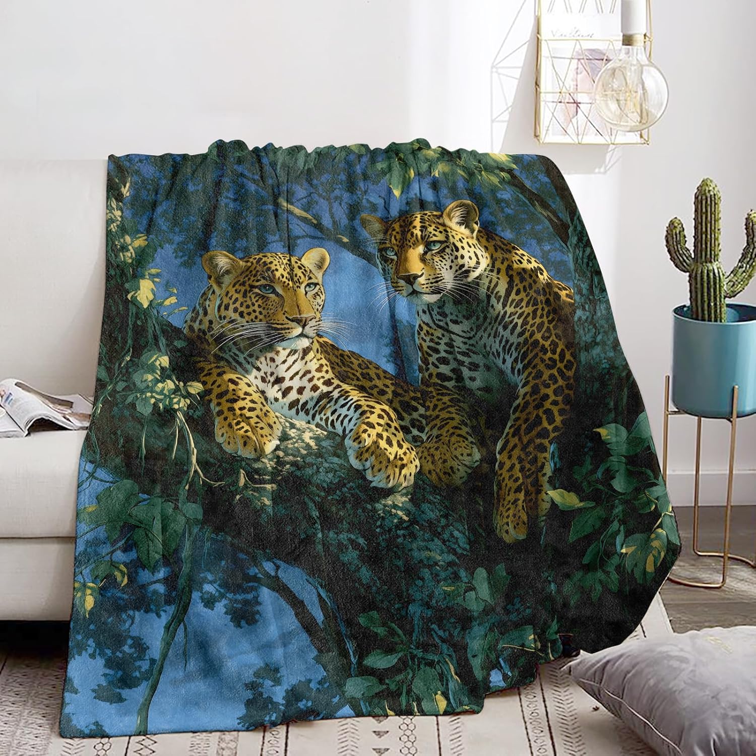 Leopard Theme Blanket Soft Cozy Flannel Animal Throw Blanket for Women Adults Kids - Warm Yet Lightweight Blankets for Travel, Bed, Couch, Fuzzy Outdoor Comfort Wrap 60"×50"