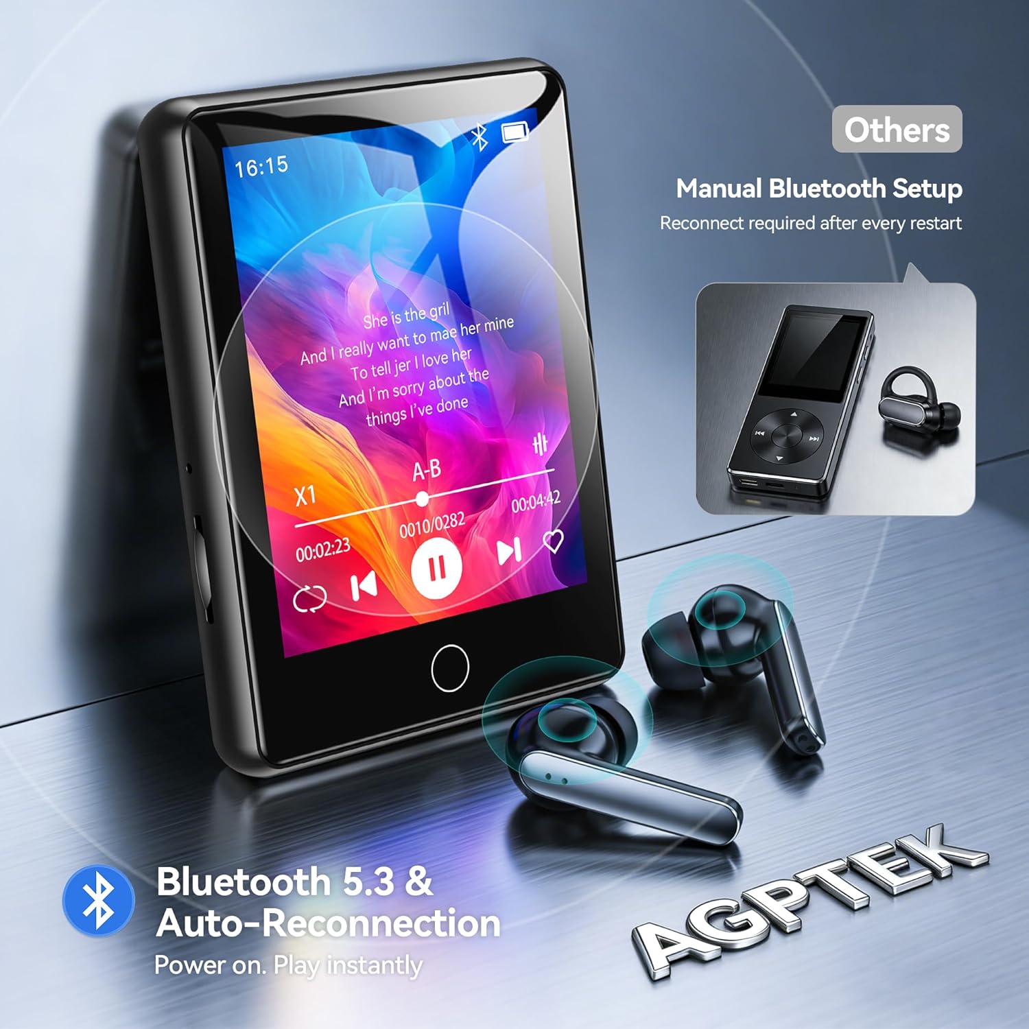 AGPTEK U6PL MP3 Player connected via Bluetooth to earbuds