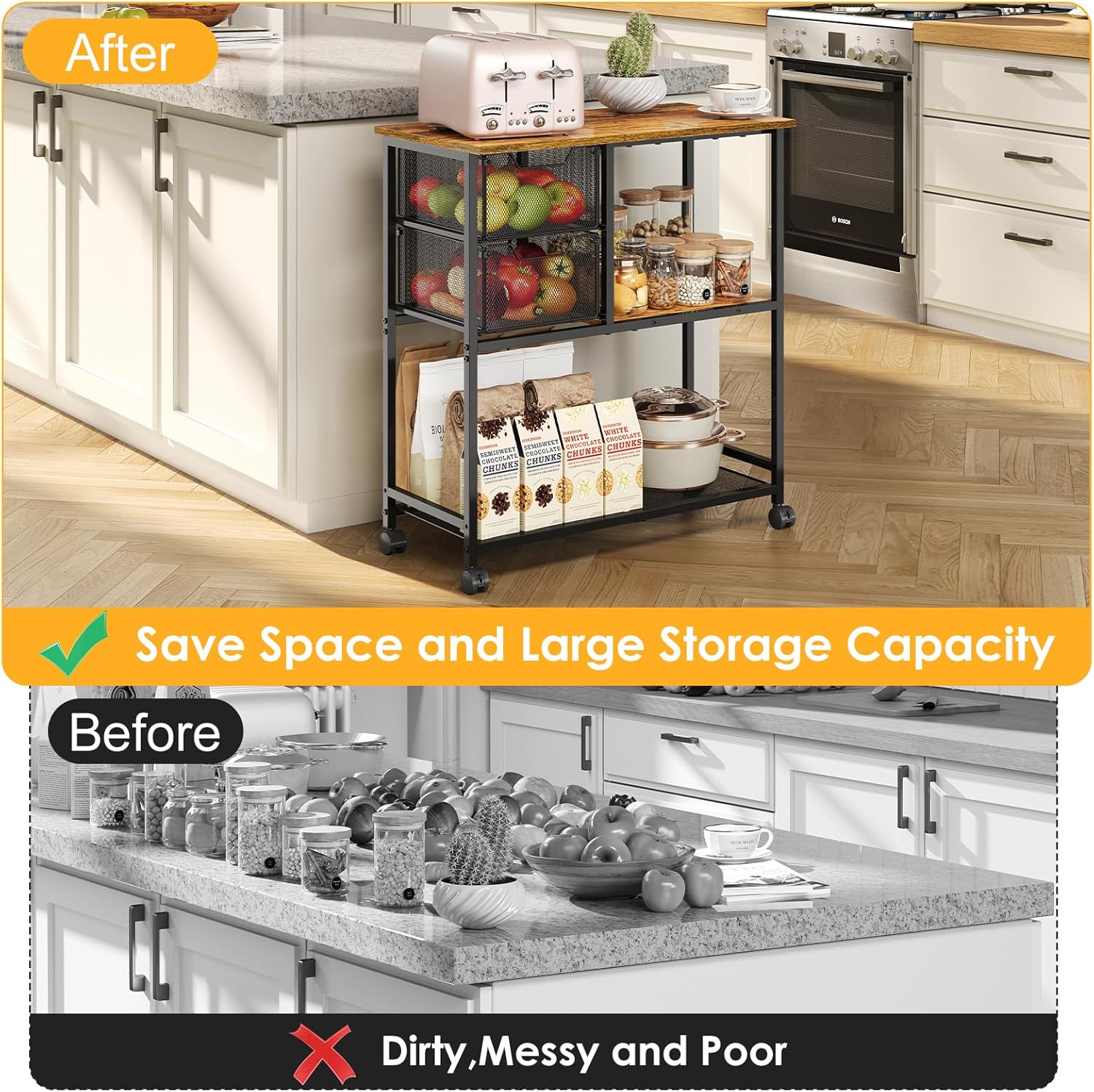 Kitchen Island Cart with Storage,Kitchen Table Cart with 2 Drawers for Fruit Vegetable,Rolling Microwave Cart with 2 Open Storage Shelf,Coffee Bar Station on Silent Casters,Bakers Rack with Wood Top