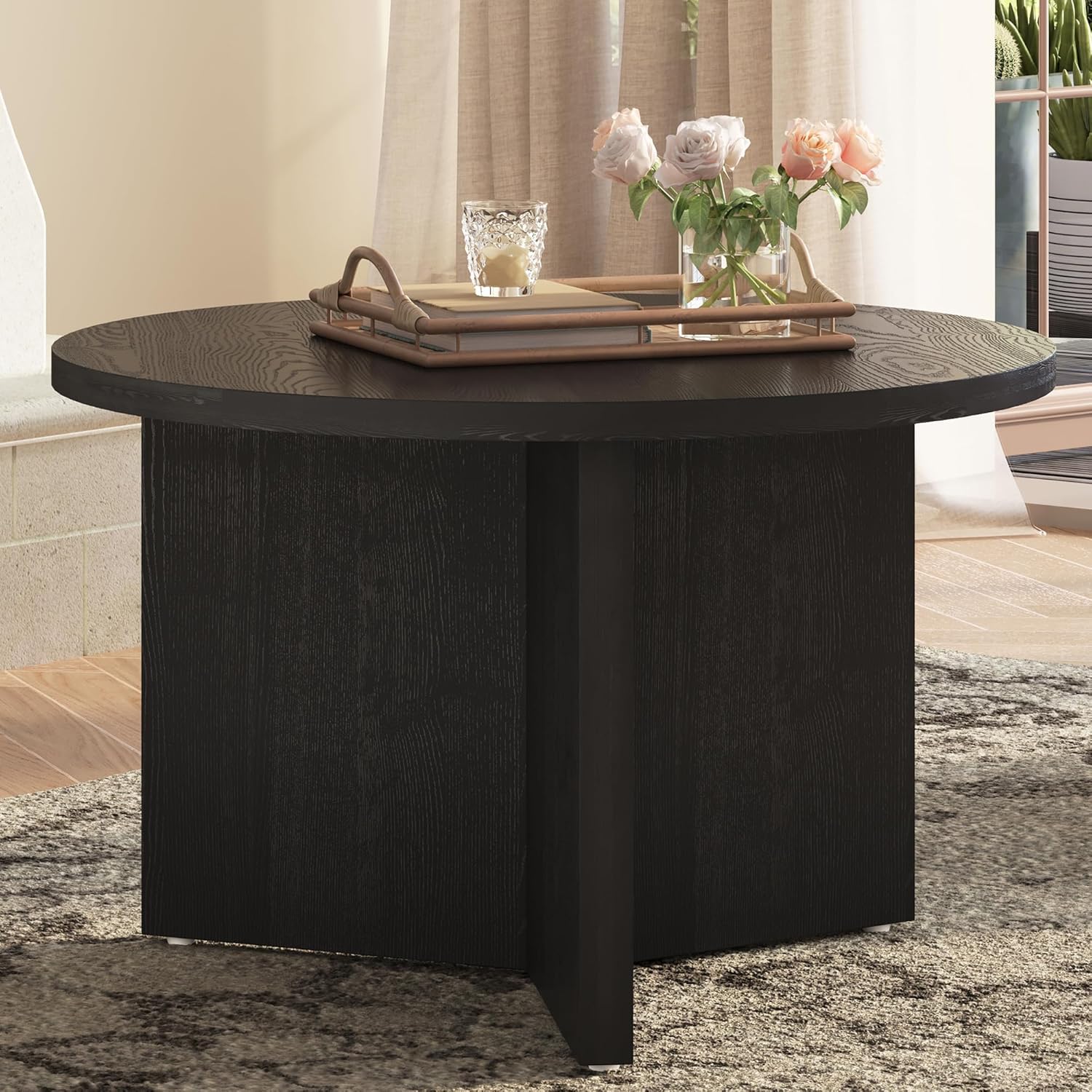 Luoxiao Coffee Table for Small Space, Minimalist Modern Table for Living Room, Durable & Sturdy Small Round End Table with Adjustable Feet Pads, Black