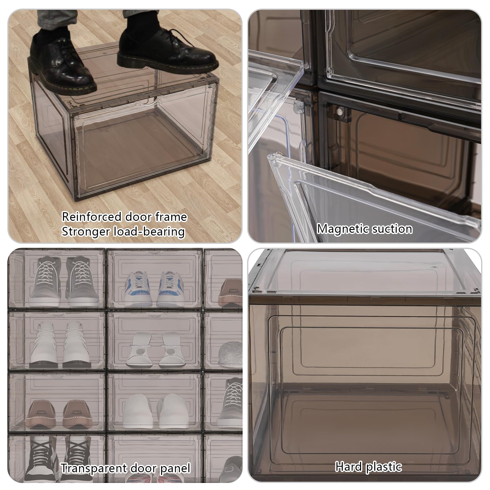 Lot de 12 boîtes à chaussures empilables - Boîtes à chaussures magnétiques empilables pour armoires, chambre à coucher, portes d'entrée - Noir/marron - 39 x 25 x 20,66 cm
