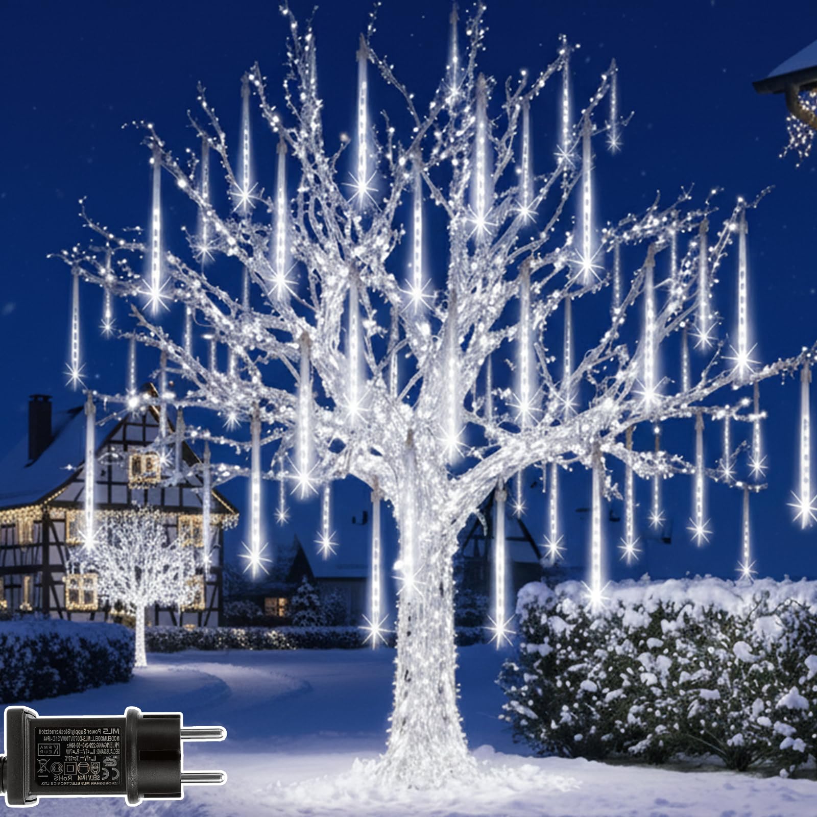 Guirlande Lumineuse Exterieure Noel, 24 Tubes Lumières de Pluie de Météores, 30 cm 576 LED, Étanche IP65, éclairage de Noël pour Balcon, Avant-Toit, Toit, Blanc (3 Jeux de 8 Tubes)