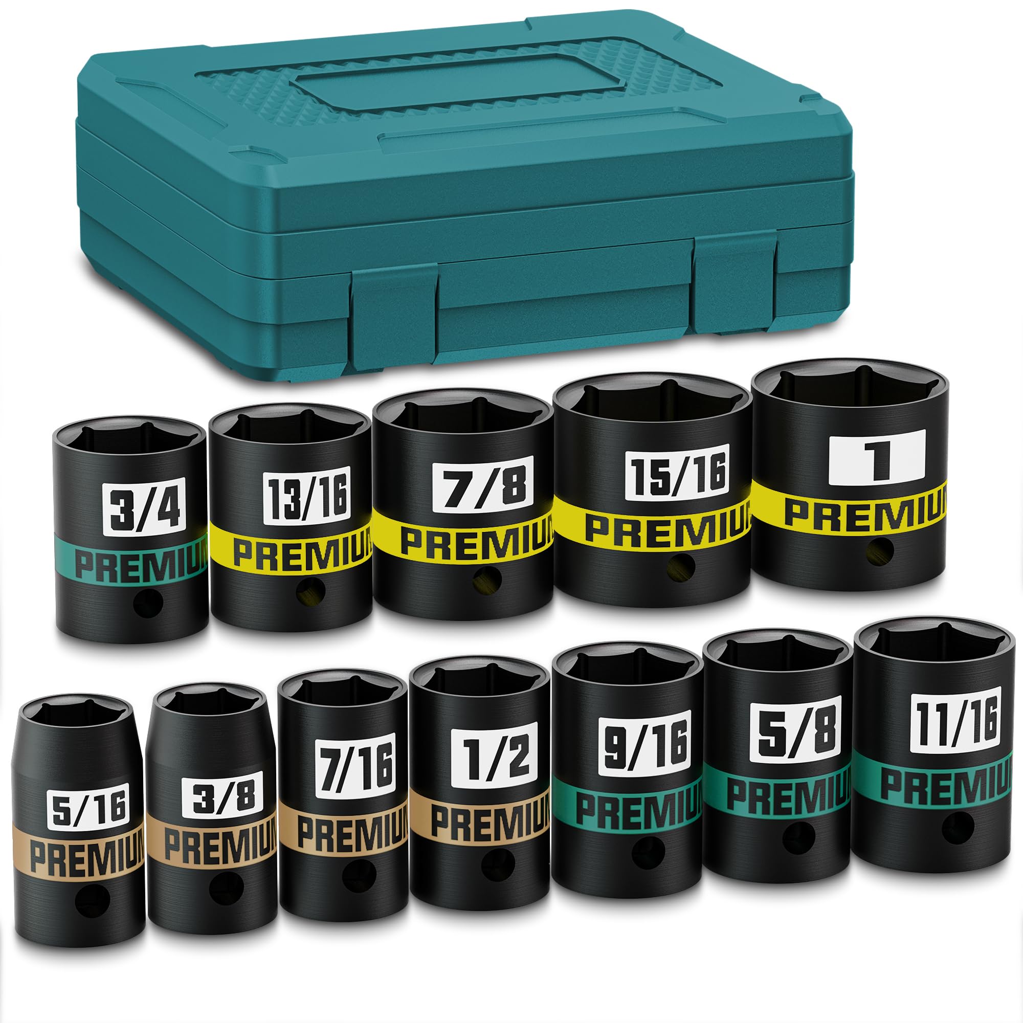 KIRXST 12-Piece 3/8" Drive Shallow Impact Socket Set, 5/16 to 1 inch, Semi-Deep Sockets, CR-V, Socket Set for Automotive and Home, SAE, 6 Point