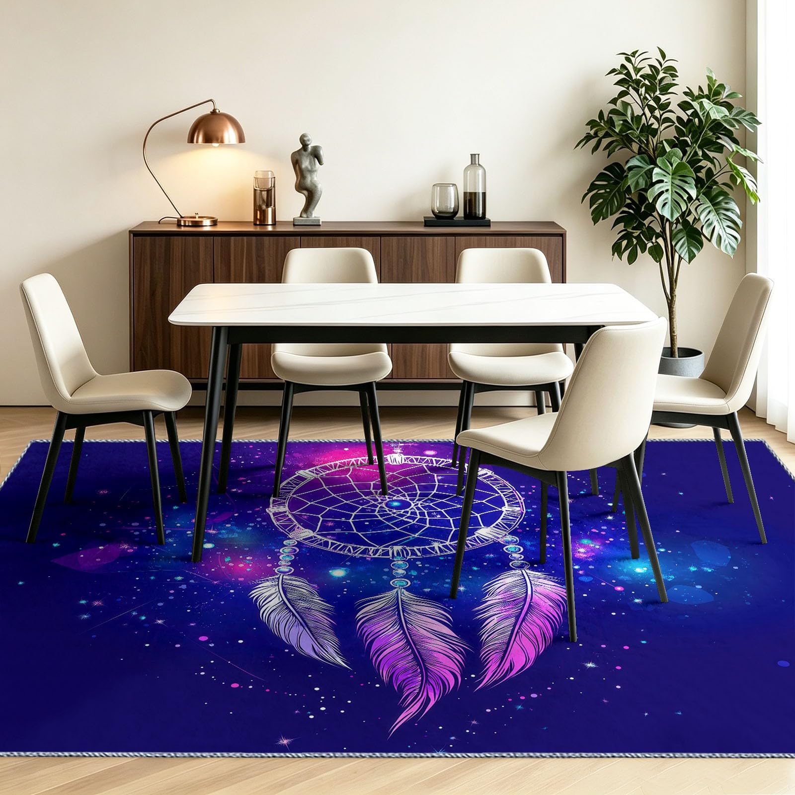 Waschbarer Wohnzimmerteppich, Galaxie Traumfänger Federn Niedriger Flor Teppich, Weich Hautfreundlich, Mystisch Fantasy Groß Rutschfest Teppiche für Schlafzimmer und Kinderzimer, 120 x 180 cm