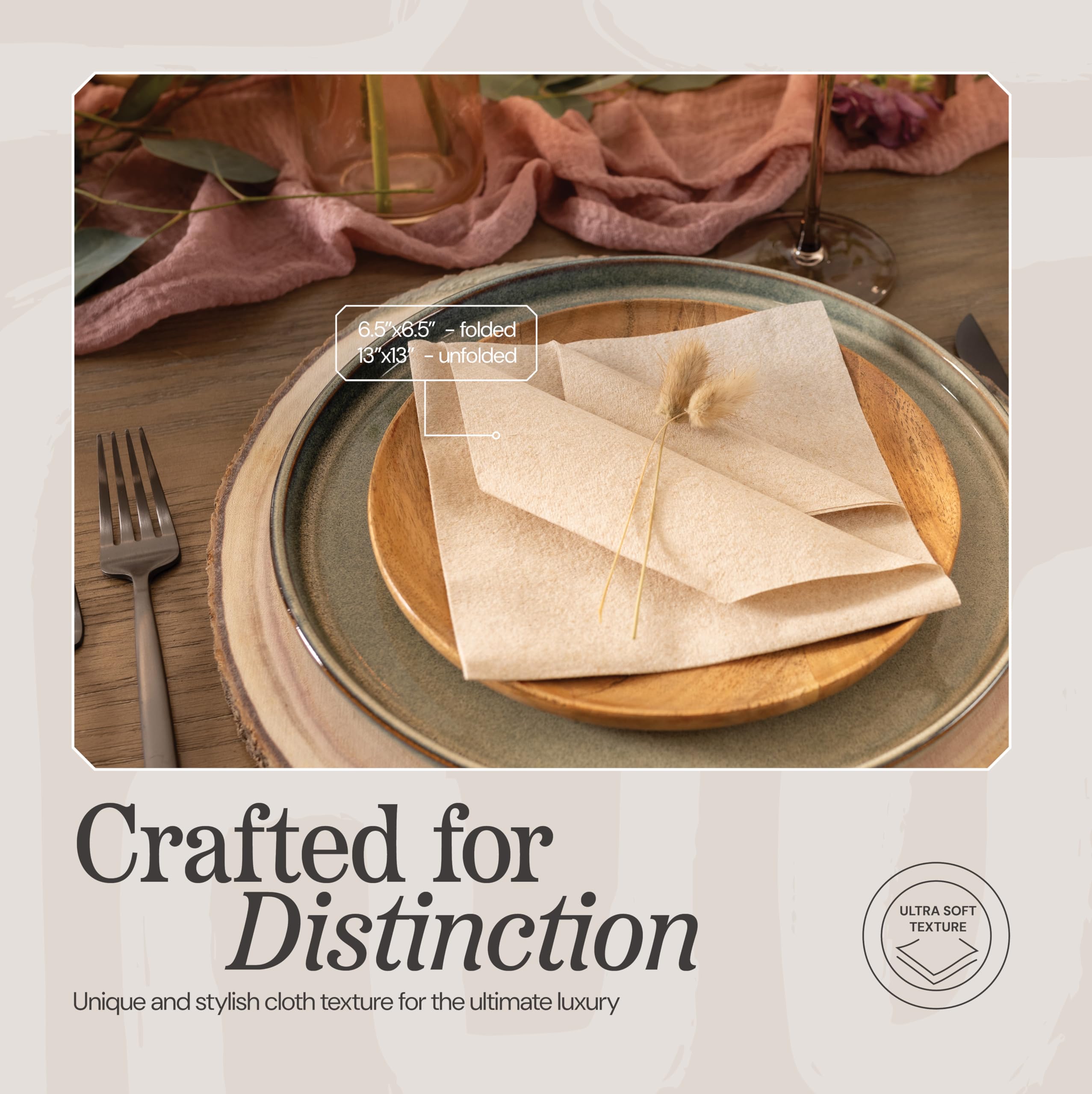 Servilletas de papel desechables similares a un paño, paquete de 200 servilletas de almuerzo de color natural de 13 x 13 pulgadas para bodas, fiestas, cocina o baño