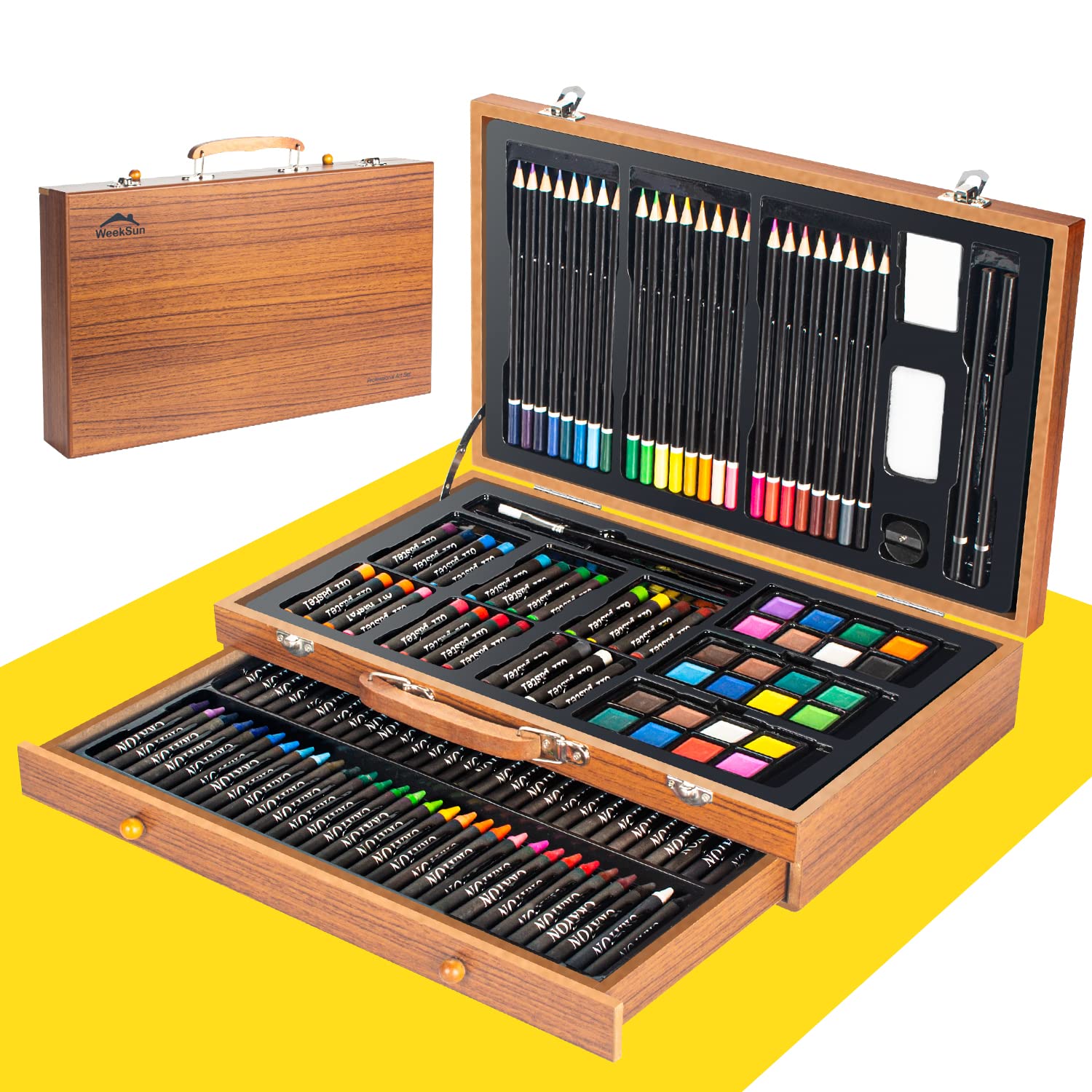 WEEKSUN Set da Disegno di Legno 141 Pezzi con Pastelli, Pastelli a Olio, Matite Colorate, Matite per Schizzi, Torta Acquerello, etc, Set Artistico Deluxe per Bambini Adulti