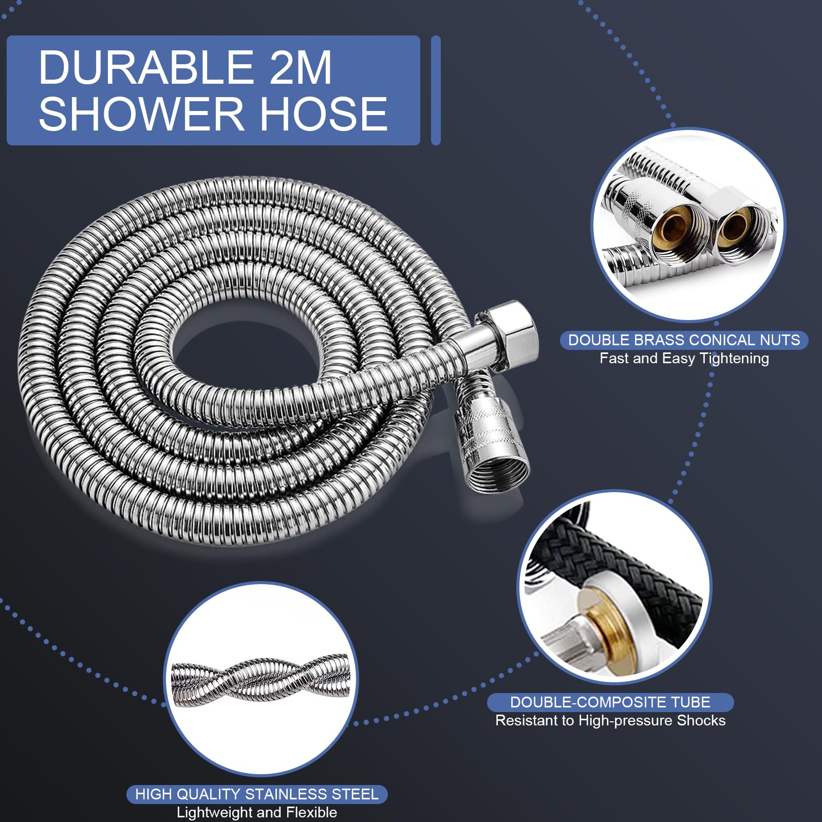 Pommeau de Douche avec Filtre, Pommeau Douche Haute Pression Economie Deau, Anti Calcaire Douchette Salle de Bain avec Tuyau 2M, Shower Head avec 5 Modes de Jet pour l'eau Dure