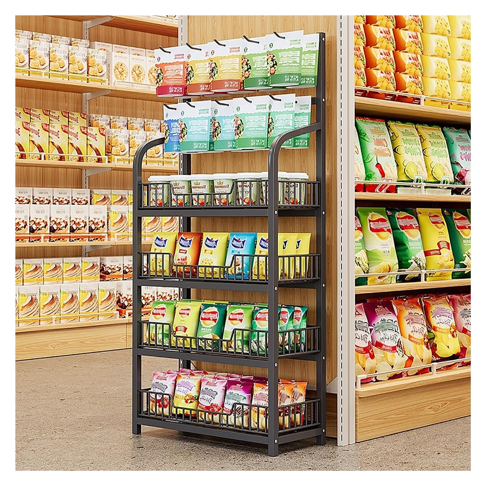 Présentoir de supermarché robuste en acier avec paniers de rangement