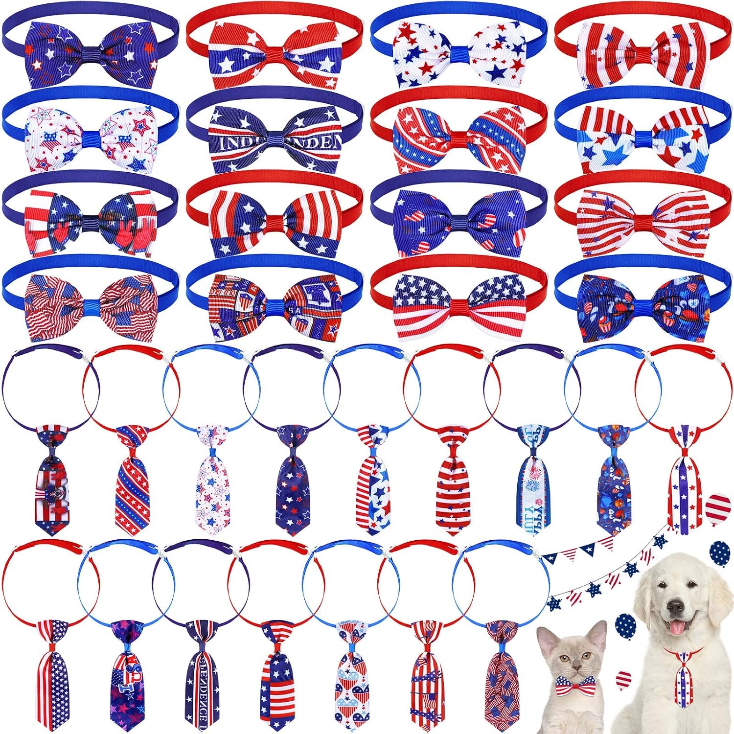 32 Pieces Independence Day Dog Bow Tie Set,16 Pieces Adjustable Bow Tie and 16 Pieces Neckties Colored Pet National Flag Five Point Star…