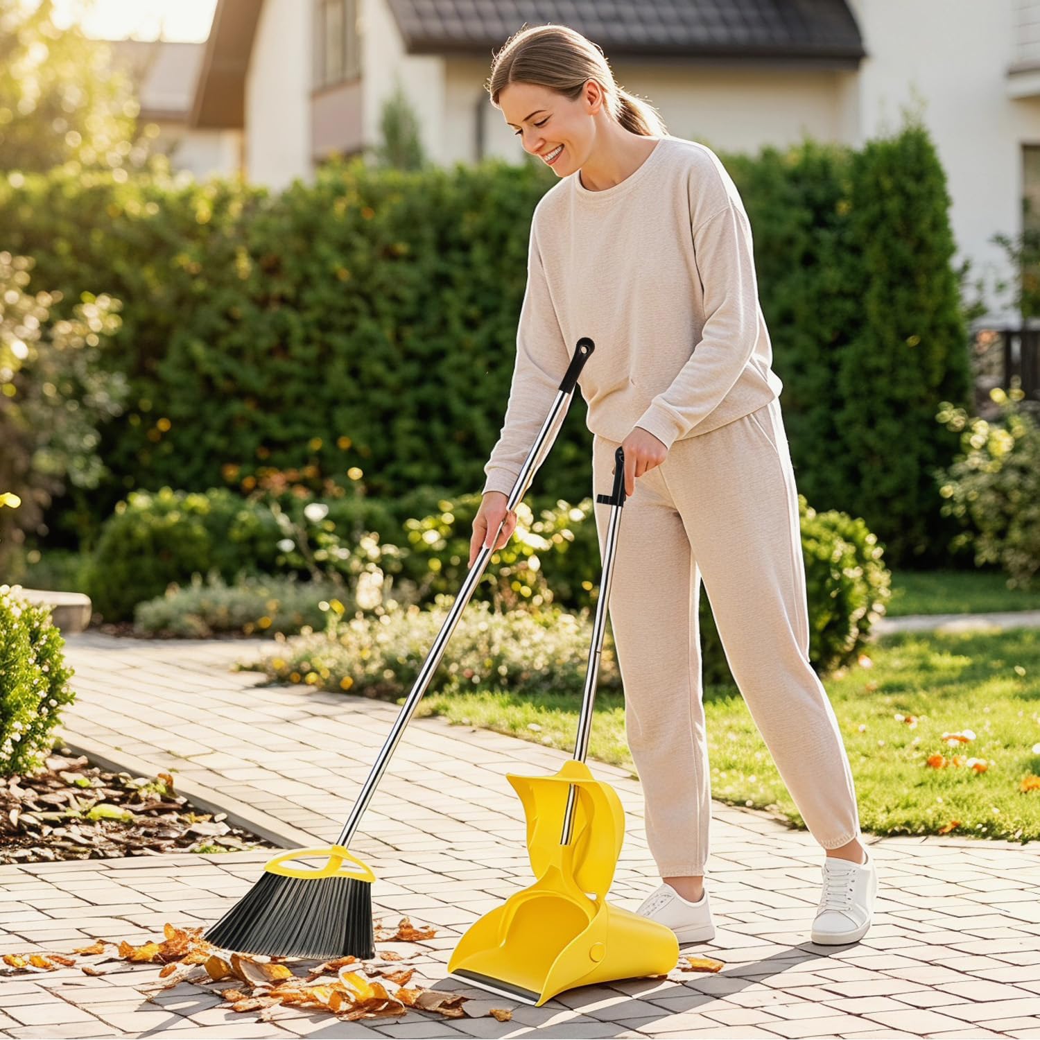 Scopa resistente per esterni e paletta, manico lungo 145 cm, scopa resistente con setole rigide, per la pulizia dei pavimenti, garage, patio, giardino, casa e cucina, paletta e spazzola