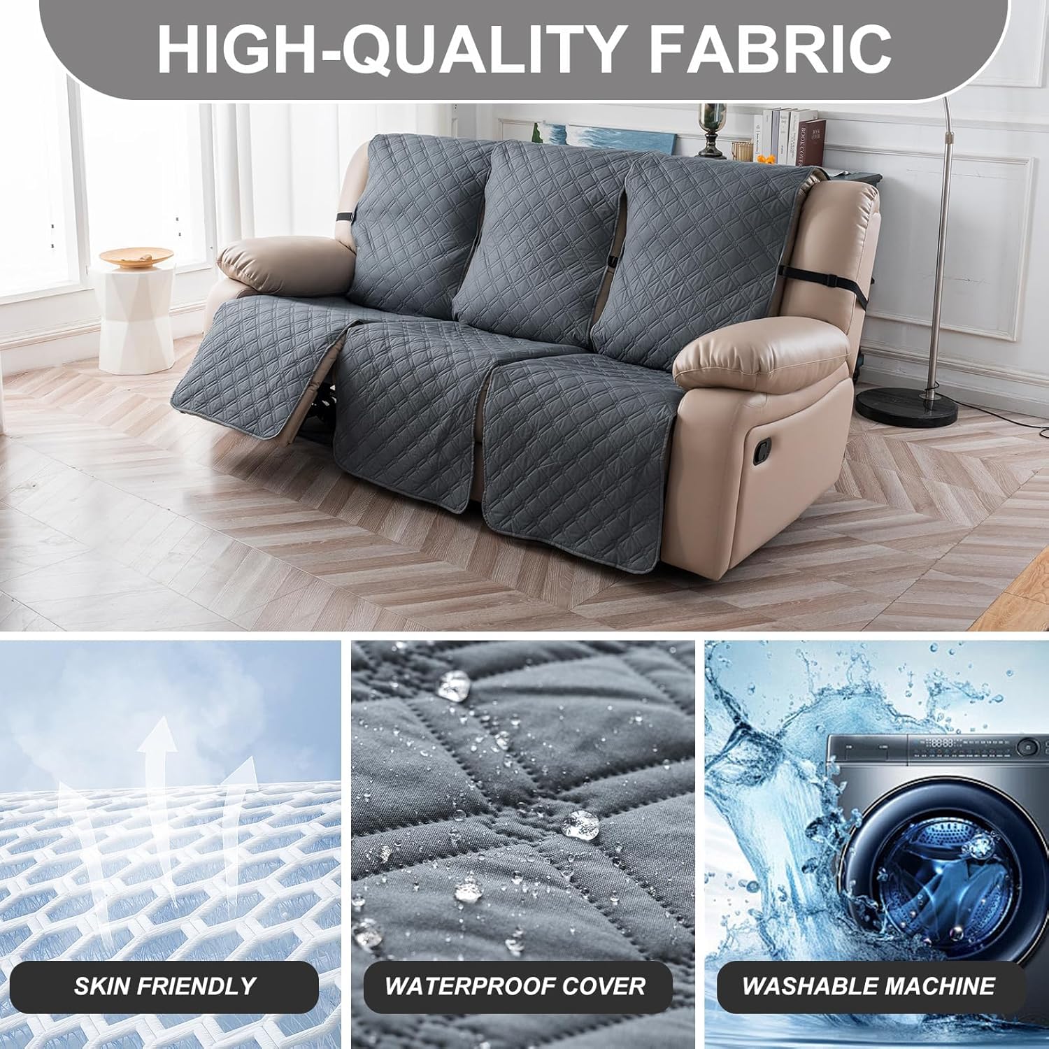3 Seater Recliner Chair Covers 100% Waterproof Recliner Cover,Non-Slip Recliner Chair Cover Sofa Slipcover,Washable Couch with Elastic Straps Protector for Kids, Dogs, Pets Dark Gray