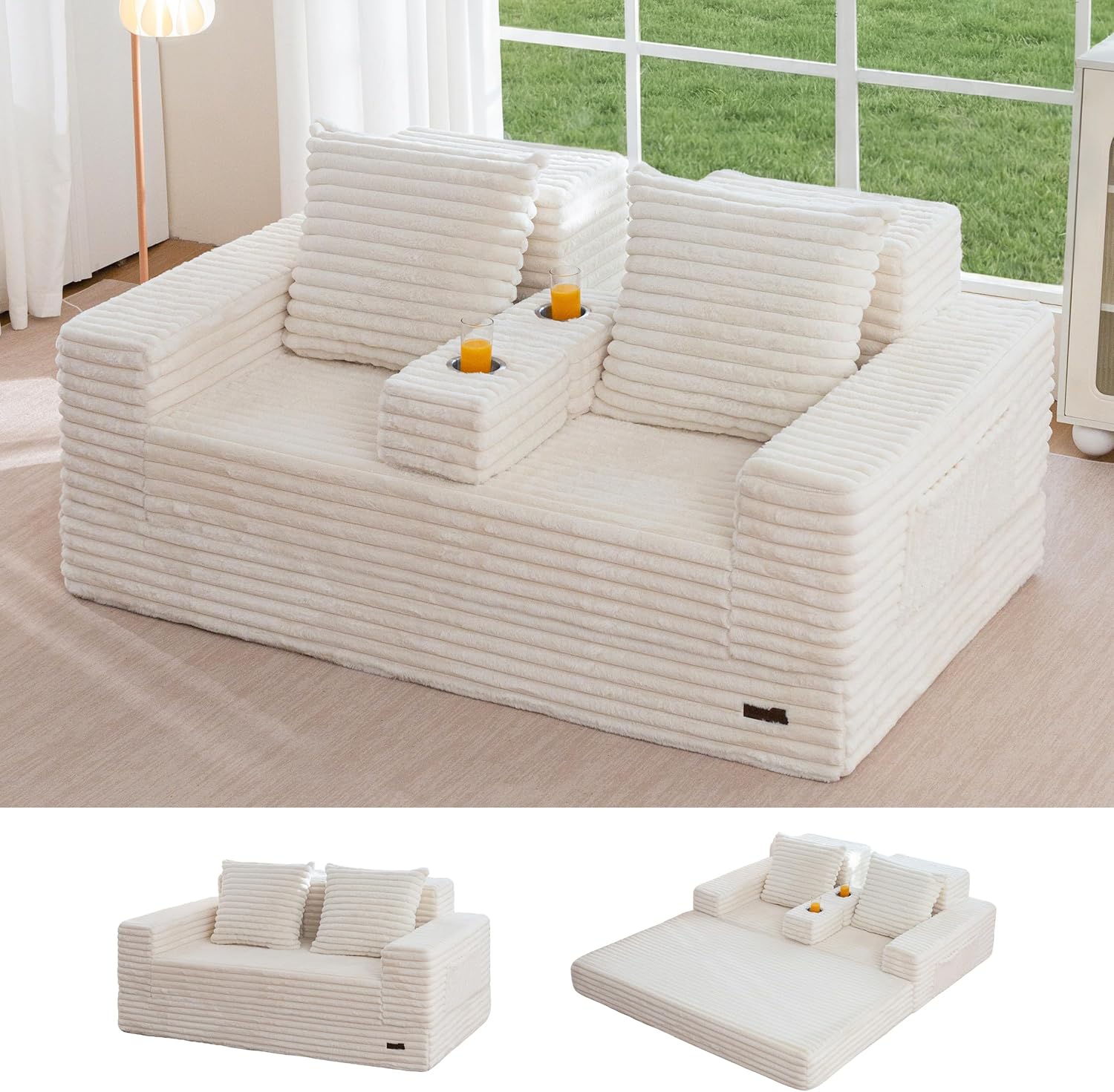 MAXYOYO Loveseat Sofa Bed, Striped Faux Fur Foldable Floor Sofa Couch in A Box, 4 in 1 Convertible Boneless Couch with 2 Cup Holders, Folding Recliner Sleeper Chair, No Assembly Required, Creamy