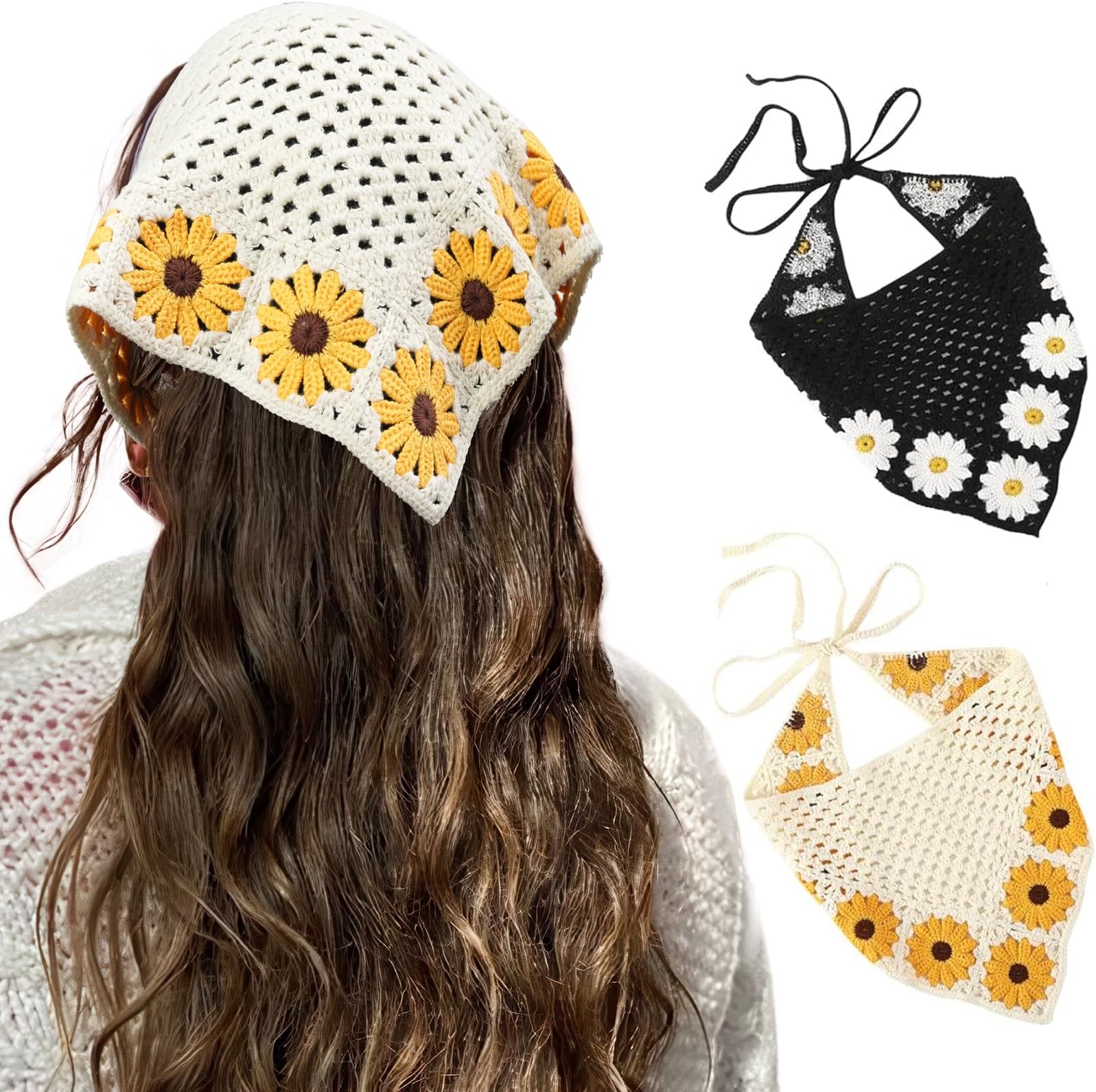 Floral Crochet Hair Bandanas Headscarf- HAIMEIKANG 3 PCS Women Hair Scarf Daisy Headband Vintage Head Kerchief for Girls(Beige+Black)