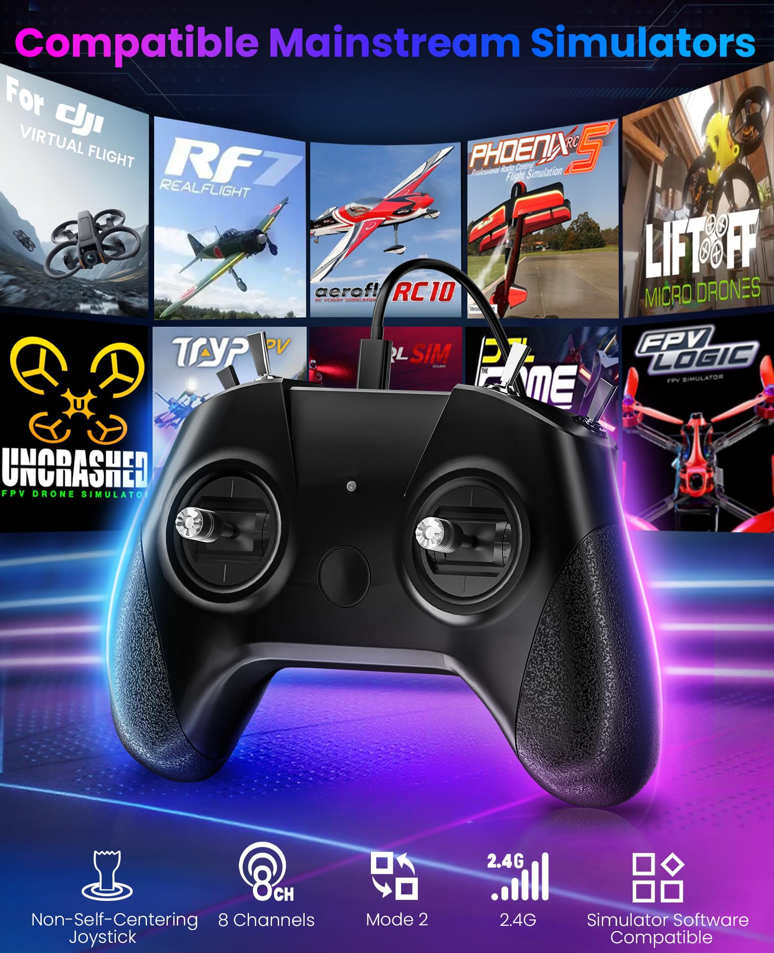 STARDRONE Telecomando Simulatore Volo Drone S8 8 Canali per Giochi FPV Drone, Supporto Sistemi & Piattaforme Popolari Piloti Principianti e Professionisti (Moda (Nero)