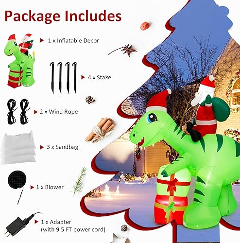 Vista 25 de Tangkula Dinosaurio inflable de Navidad de 6.8 pies, decoración inflable de Navidad con luces LED, caja de regalo y soplador impermeable, decoración