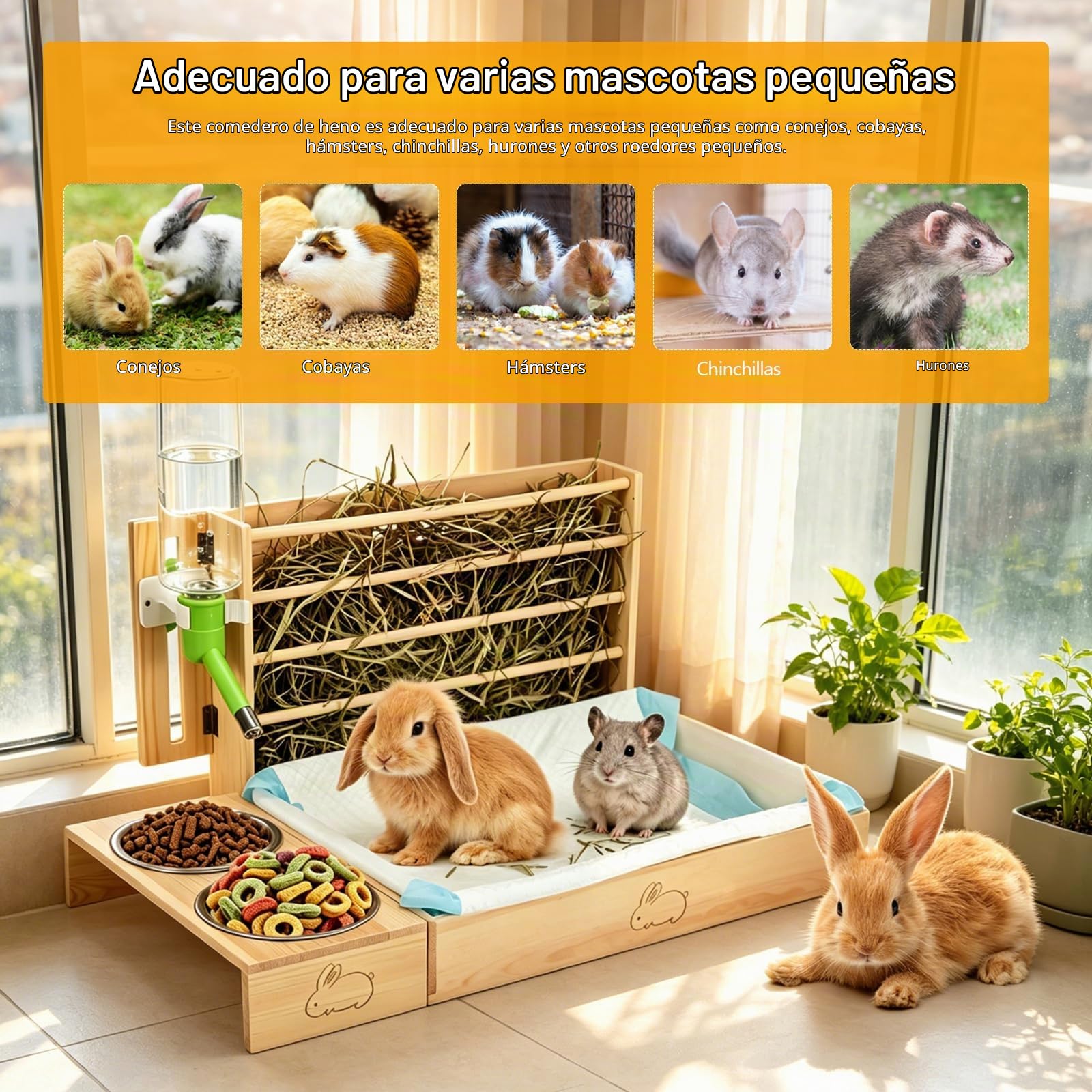 4 en 1 Comedero de Heno de Conejo, Dispensador de Comida para Heno de Conejo con Inodoro, Comedero y Botella de Agua, Comedero de Heno de Madera para Conejos, Cobayas, Hámster, Chinchilla