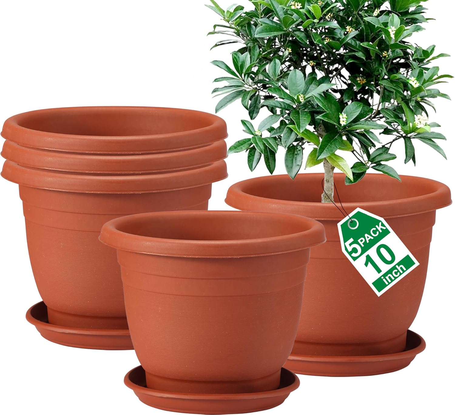 5 packs 10 inch plant pots + saucer, planters for indoor & outdoor plants with drainage holes | plastic flower pots, large planter (brown, 10 inch) brown 10 inch 5 pack