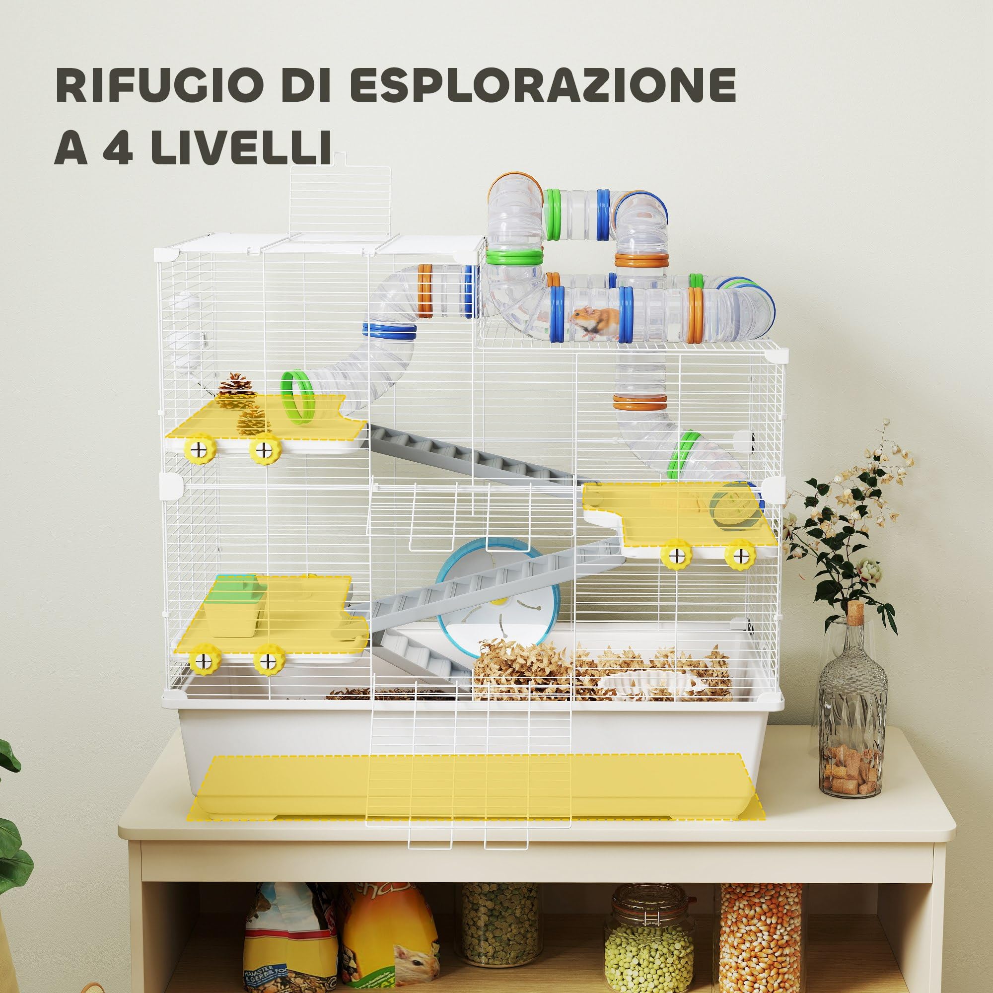 PawHut Gabbia per Criceti 78x45x73 cm 4 Livelli Ruota Silenziosa Bianco | con Tubi, 3 Porte, Vassoio, Gabbietta per Criceti, Metallo, PP e PS