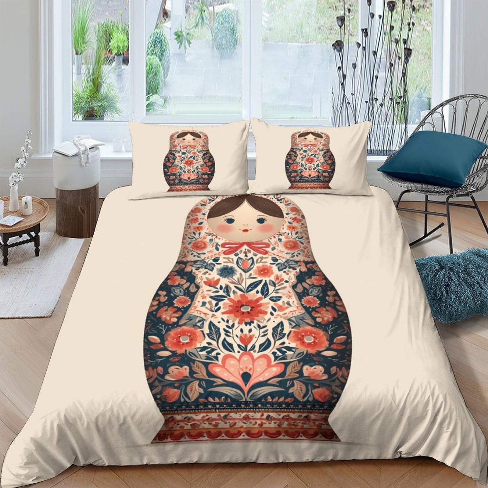 Ctjqhvkz Style-2 3D Printed Matryoshka Doll Fitted Sheet Microfiber Soft Beige Russian Nesting Bed Cover For Bedroom Guest Room Decor Single（135X200cm）