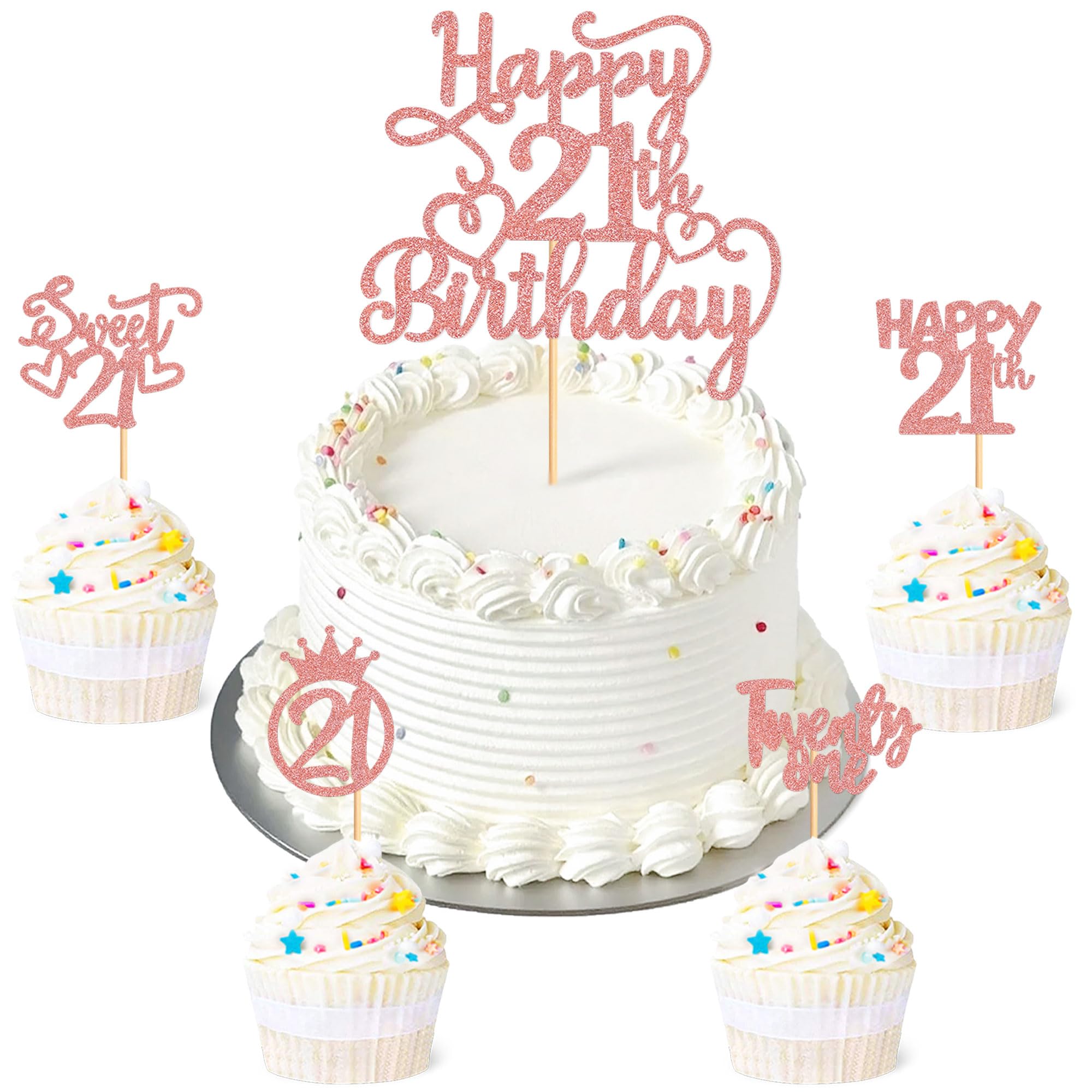 Blumomon 25Pcs Rose Gold 21St Happy Birthday Cupcake Toppers Happy 21 Cupcake Topper Cheers to 21 Cake Decoration for 21st Birthday Party Decoration 21st Anniversary Cake Decoration