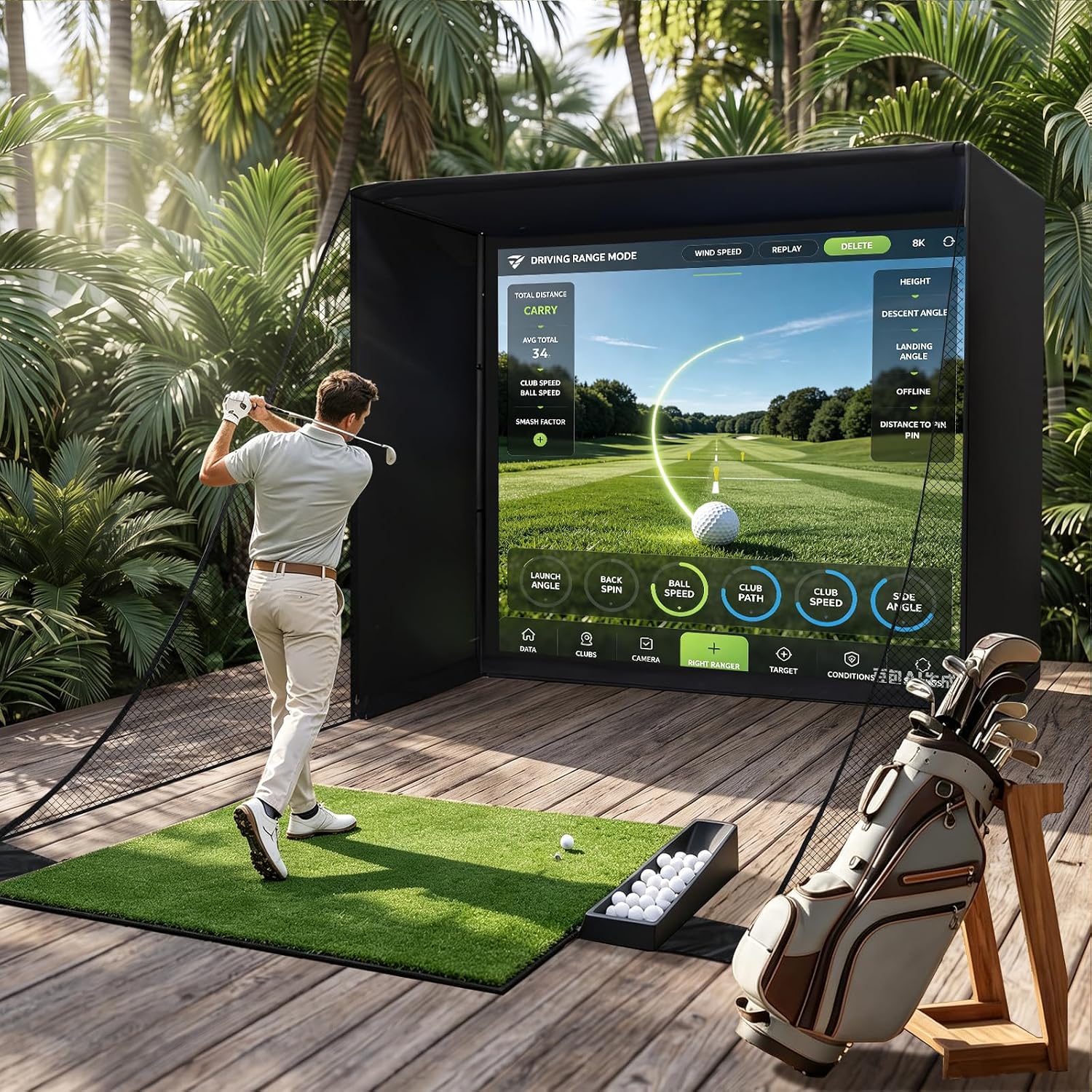 10x8 ft Golf Simulator Enclosure Complete Kit with Alloy Steel Frame & HD Impact Screen, Indoor Garage Home Golf Training Cage Equipment