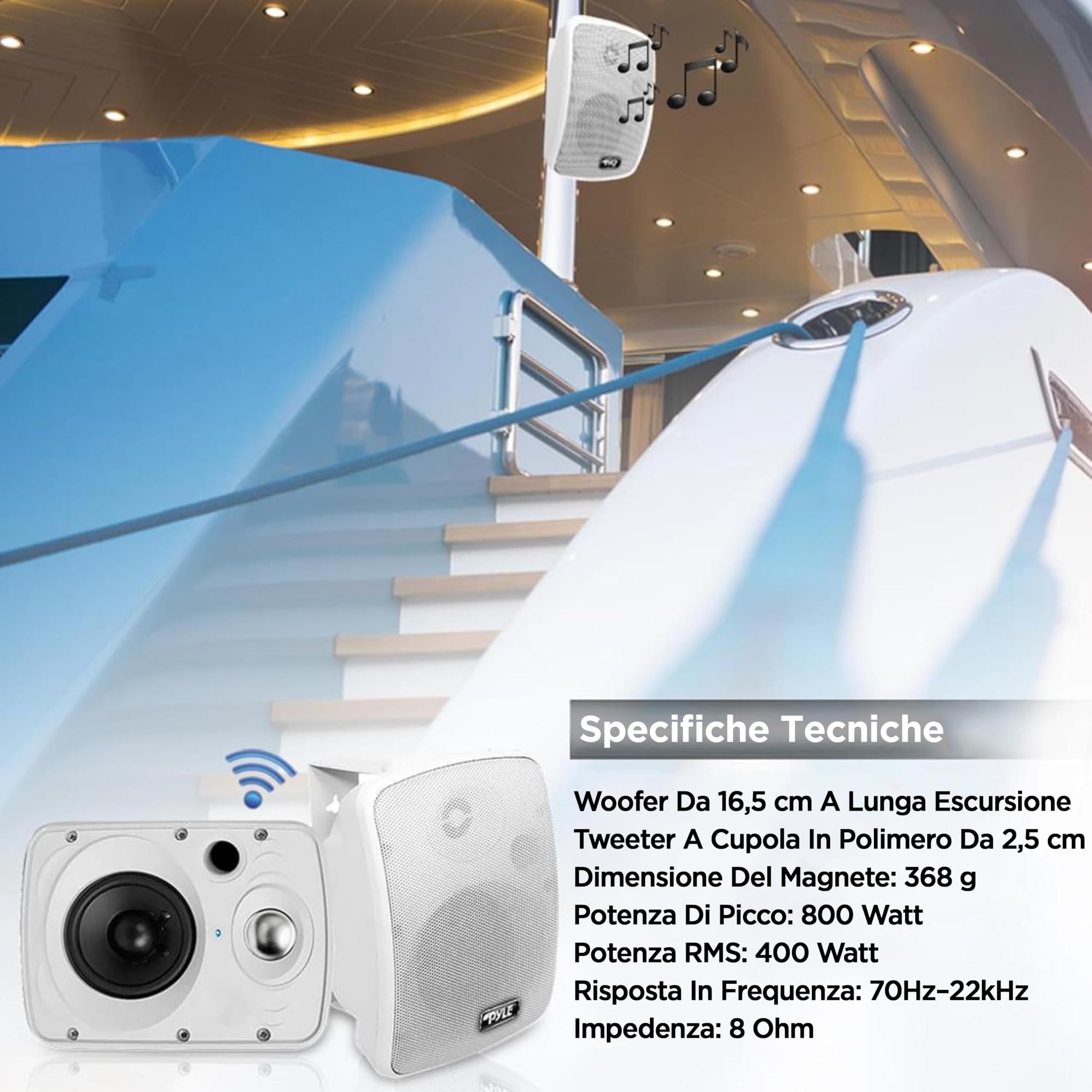 Pyle Cassa Bluetooth Speaker, Altoparlanti da Esterno 2 Vie, 16,5 cm, 800 Watt, Impermeabili, Attivi/Passivi, Montaggio Parete/Soffitto, per Interni/Esterni, Bianco - Vista 7