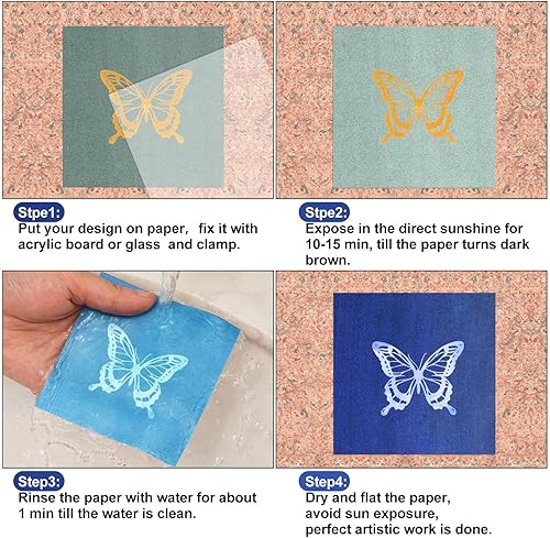 Miniatura 7 de Juego de 60 piezas de papel de impresión solar, papel cianotipo, papel de arte solar de 3.9 x 3.9 pulgadas con 2 herramientas de plástico para