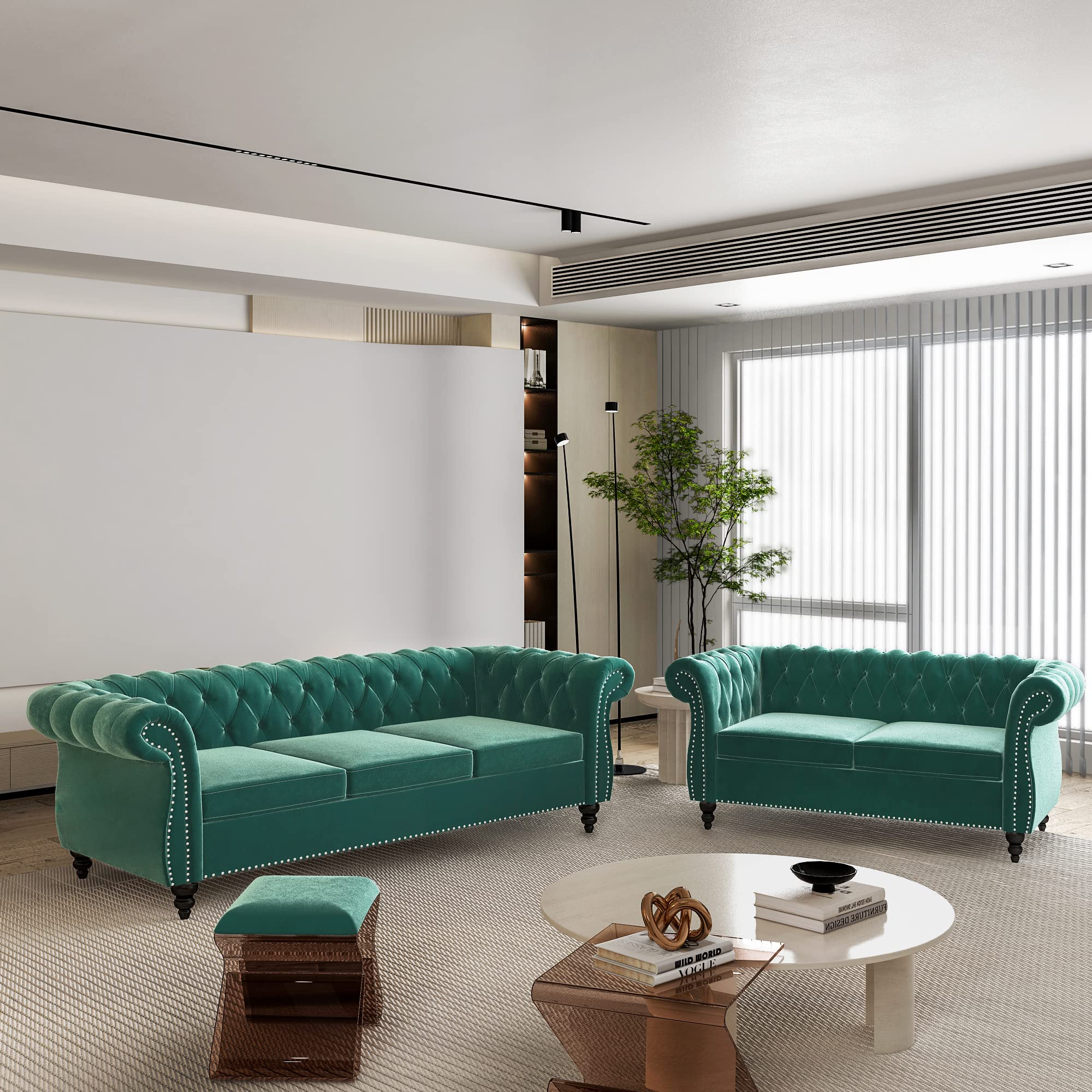 ORRD 2 Piece Living Room Set, Velvet Chesterfield Sofa Loveseat Couch with Scroll Arms and Nailhead for Living Room, Office (Green)