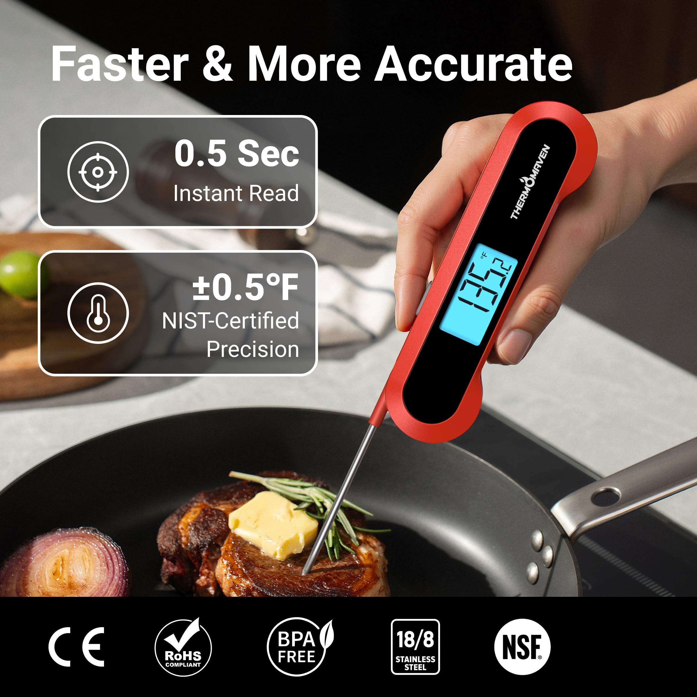 Thermomètre numérique professionnel à lecture instantanée de 0,5 seconde, certifié NIST de ± 0,5 °C, rotation automatique, grand écran LCD, thermomètre de cuisson 100 % étanche pour gril, barbecue