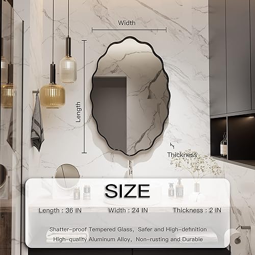 Miniatura 2 de Espejo de pared irregular de 36 x 24 pulgadas, espejo de pared con marco negro para sala de estar, entrada, espejo ovalado moderno para colgar