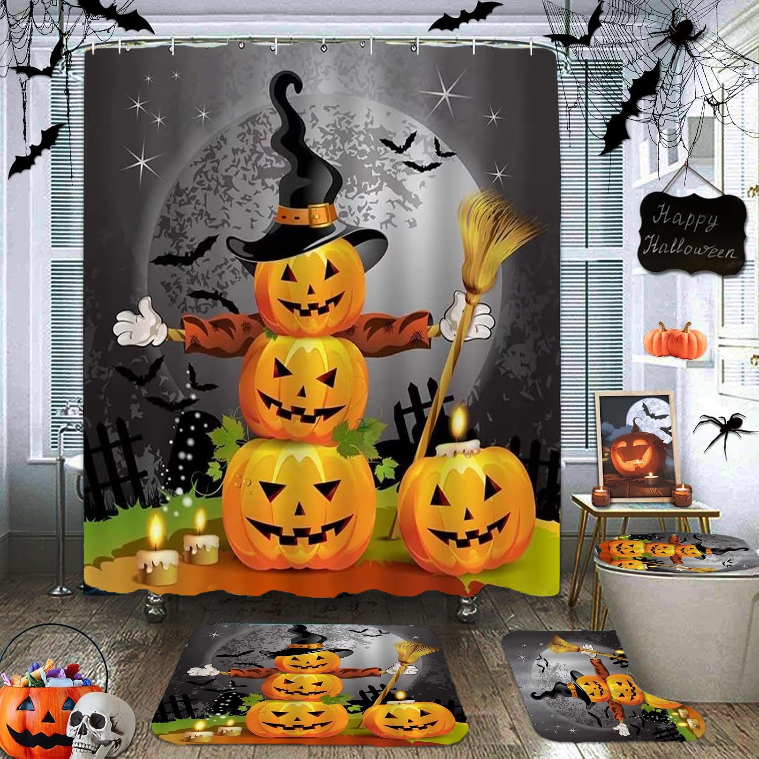 Juego de baño con cortina de ducha impermeable de calabaza de Halloween para evitar resbalones
