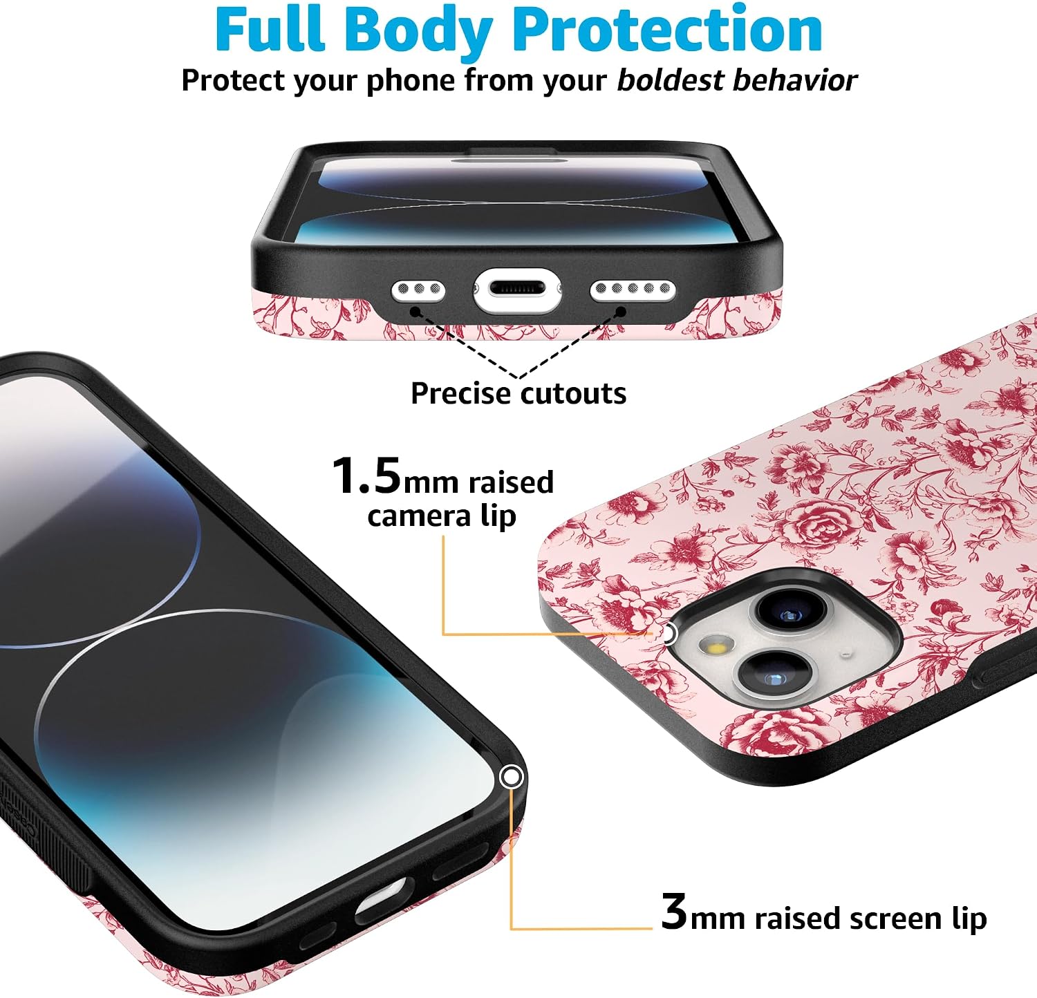 Casely iPhone 15 Plus Case | Vintage Belle | Floral Toile | Bold Protective Design | MagSafe Compatible Design
