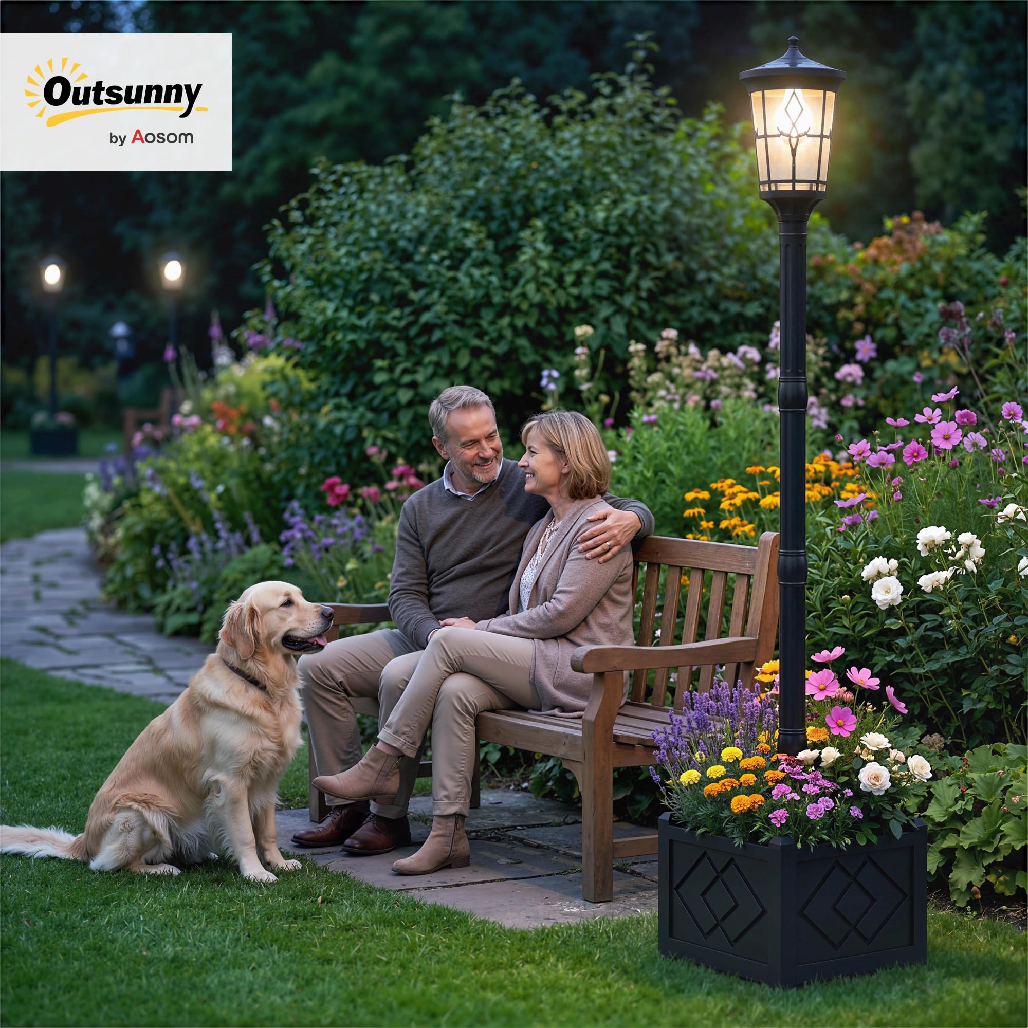 Outsunny Farola Solar Exterior de Jardín con Macetero 41,5x41,5x202,5 cm | Luz Solar de Exterior LED, 2 Modos de Brillo 100/50 lm, Impermeable IP44, Encendido/Apagado Automático, para Terraza, Patio
