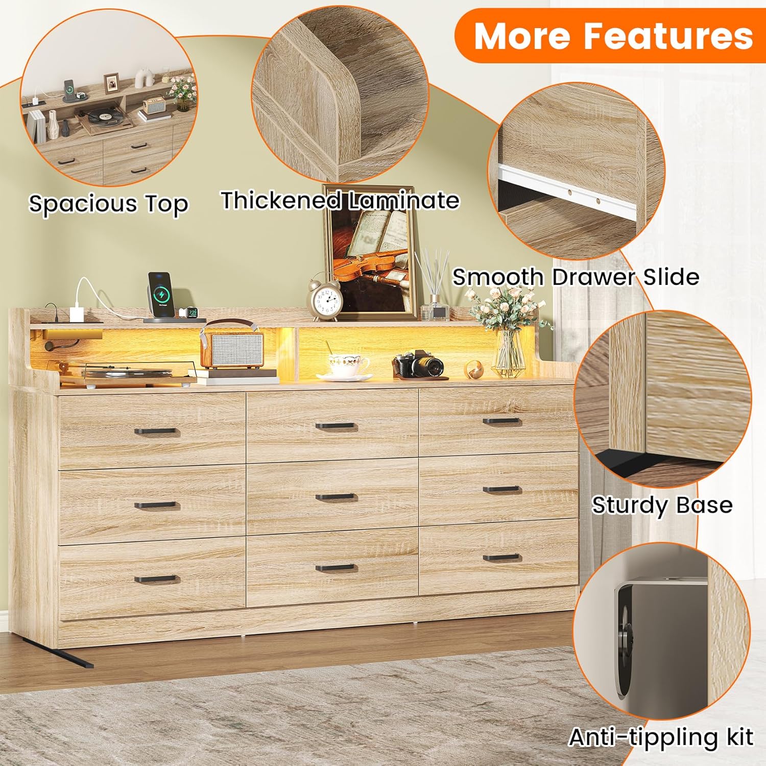 Bigbiglife 9 Drawer Dresser with Built-in Power Outlet, Mid Century Modern Chest of Drawers for Bedroom,63'' Triple Wide Dresser Storage Cabinet for Closet, Living Room, Entryway,Light Wood