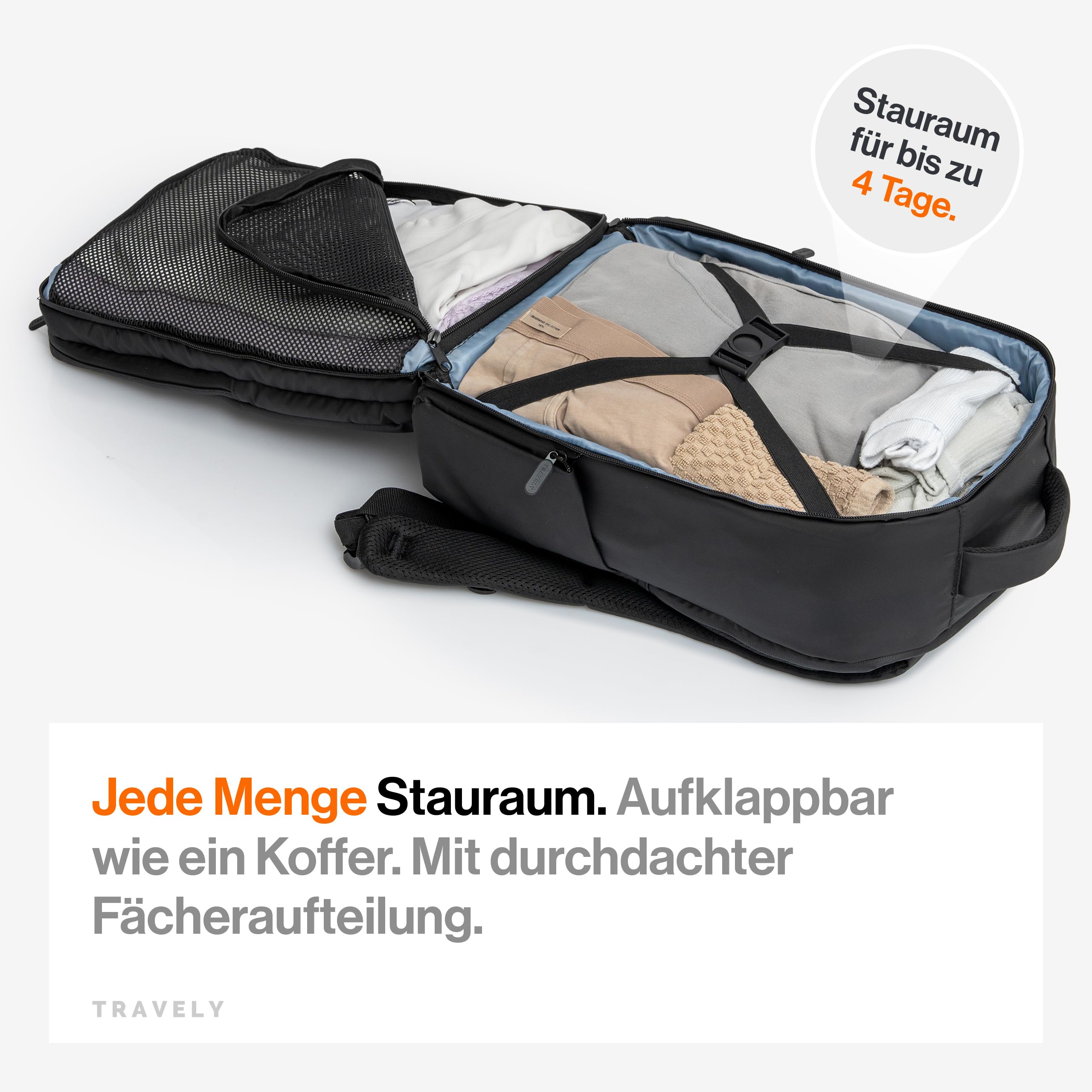 Travely Handgepäck Rucksack 40x20x25 geeignet für Ryanair - Rucksack 20L - Reiserucksack Handgepäck Flugzeug, Wasserabweisend, inkl. Laptopfach bis 16 Zoll & Flaschenhalter