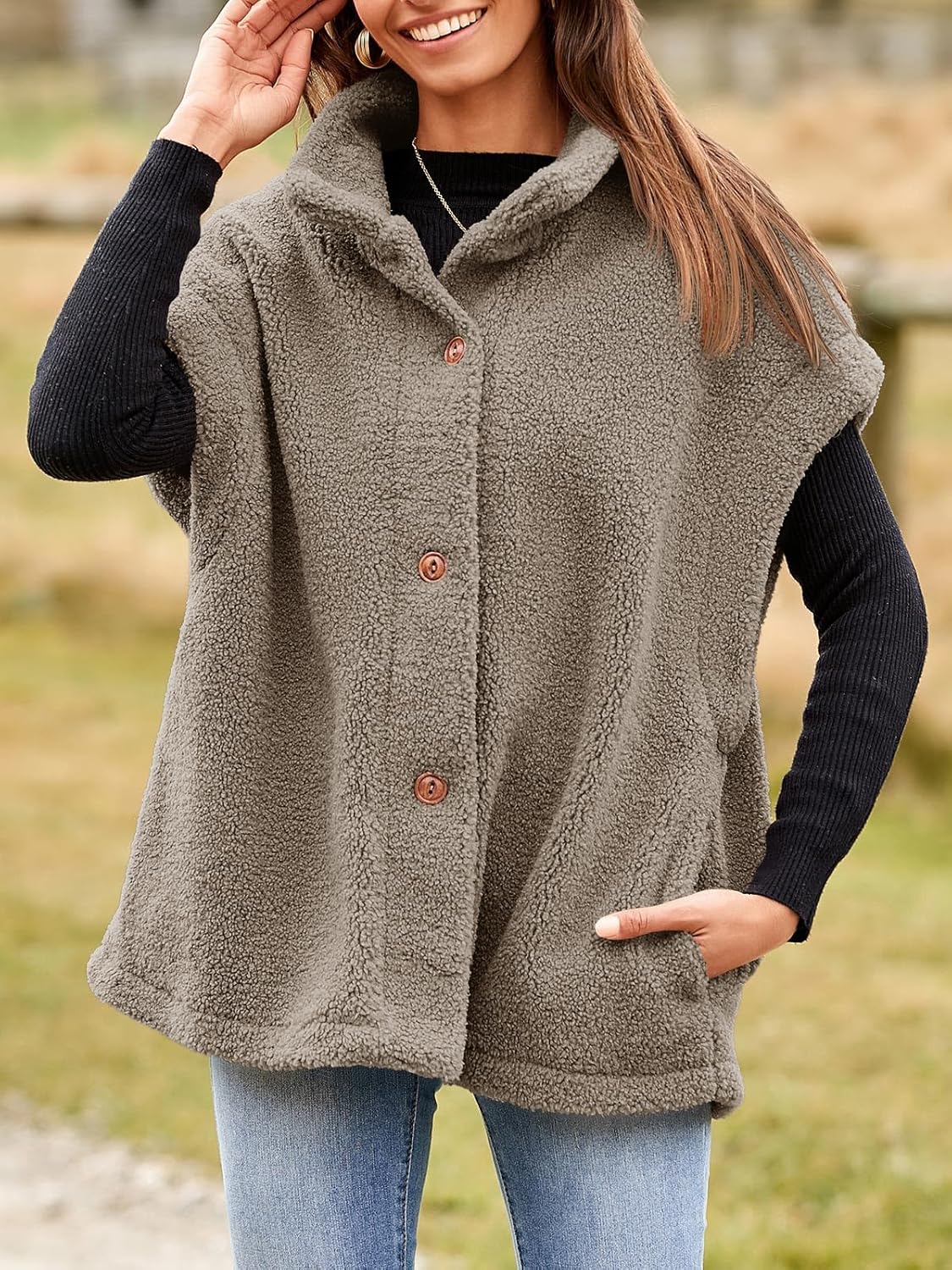 Tanakneo Womens Oversized Fleece Vest Sleeveless Fuzzy Sherpa Jacket Trendy Casual Button Down Warm Vests Outerwear - Image 5